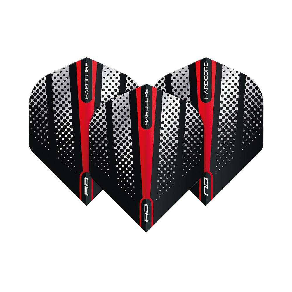TF6512_Red_Dragon_Hardcore_Radical_Red_Flash_Standard_Flights_1KoWbG5dKXYxY0 Das Bild zeigt drei Dart-Flights des Produkts "Red Dragon Hardcore Radical Red Flash Standard Flights". Die Flights sind schwarz mit weißen Punkten und roten Streifen gestaltet.
