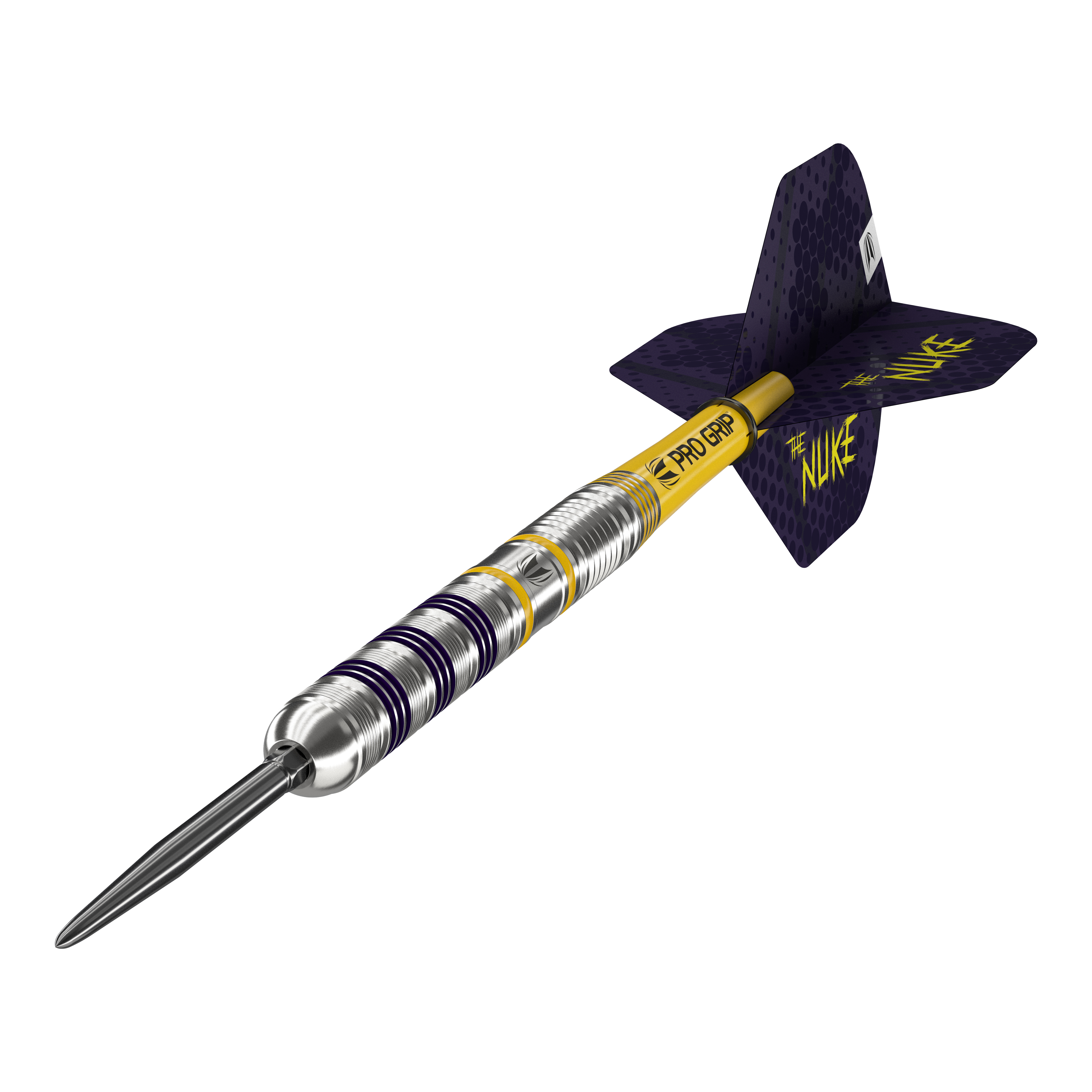 Stalowe rzutki Swiss Point firmy Target Luke Littler Loadout Der Bild zeigt einen Target Luke Littler Loadout Swiss Point Steeldart. Der Dartpfeil hat ein silbernes Barrel mit gelben und lila Akzenten sowie einem gelben Schaft und lila Flight, auf dem "The Nuke" steht.