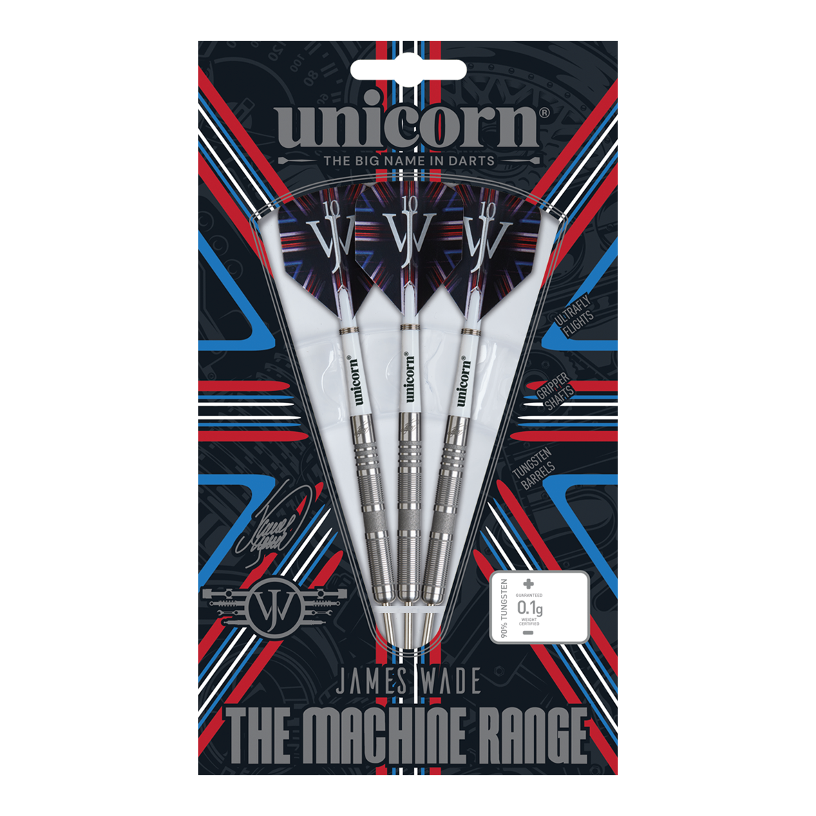 Unicorn James Wade The Machine Range Phase 4 Steeldarts Das Bild zeigt eine Packung Steeldarts der Marke "Unicorn" aus der James Wade The Machine Range Phase 4. Die drei silbernen Darts sind in einer auffällig gestalteten Verpackung mit roten, blauen und weißen Akzenten präsentiert.