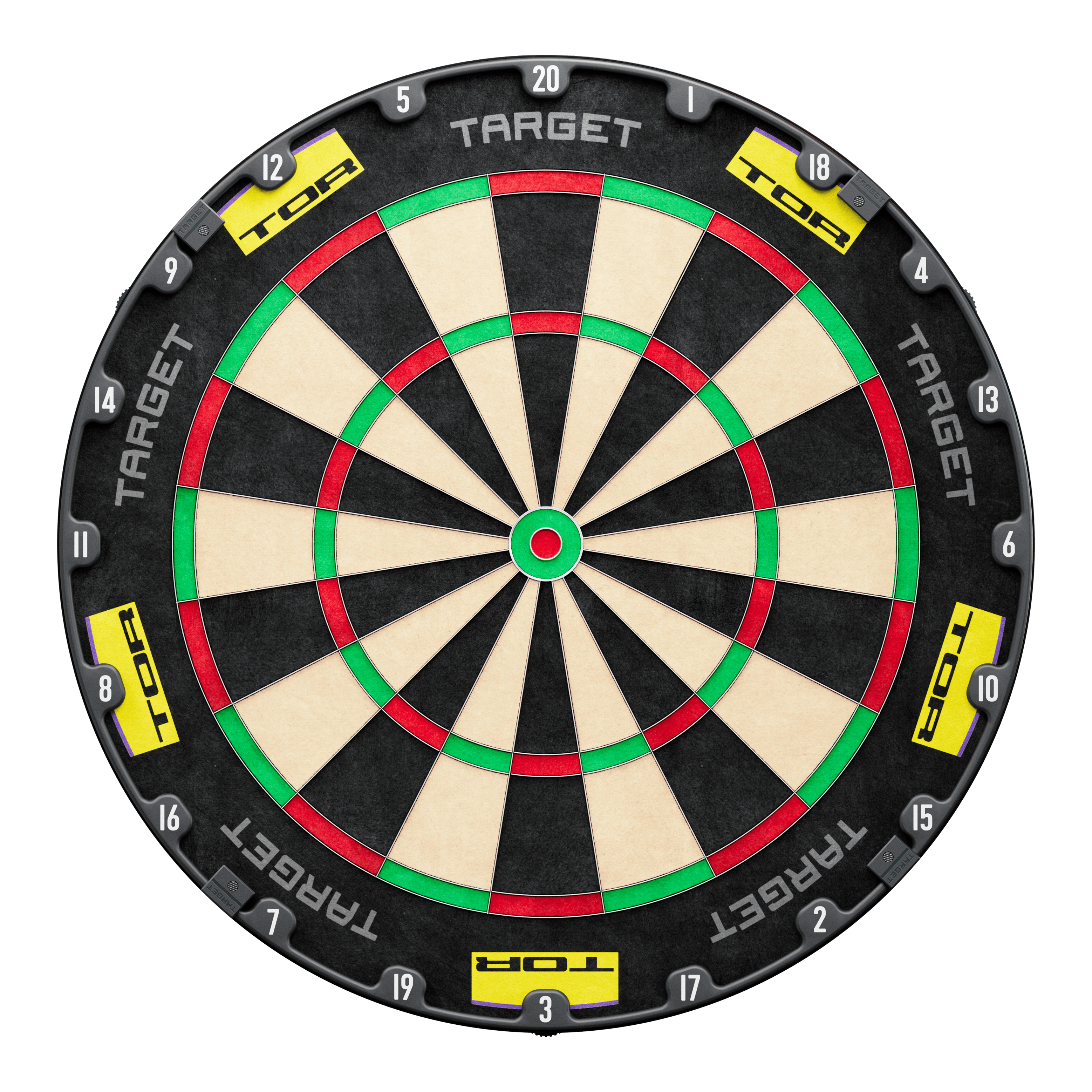 Das Bild zeigt ein Dartboard-Set mit dem Namen "Target Luke Littler World Champion 2025 Surround Tor Steeldartboard Bundle". Das Board hat eine schwarze Umrandung mit den Aufschriften "TARGET" und "TOR".
