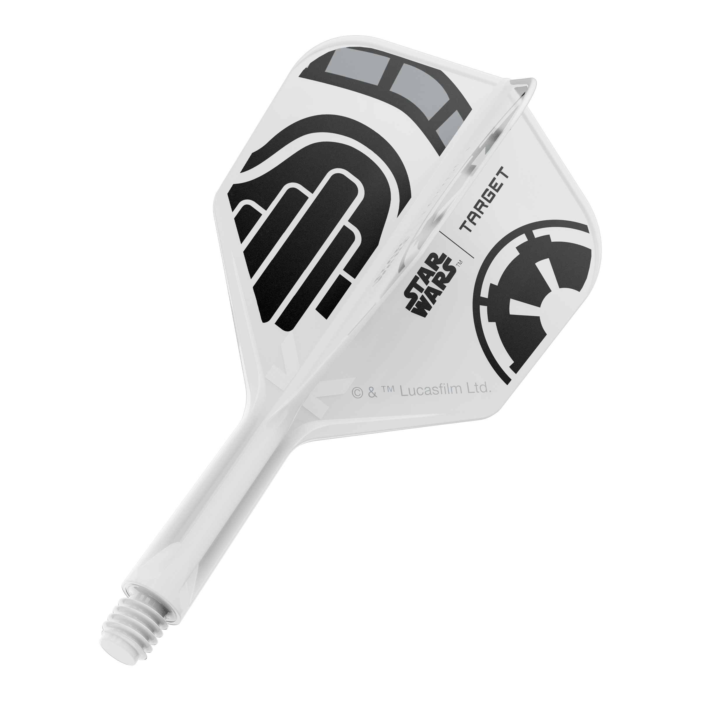 Ein Dart-Flight aus der Star Wars KFlex Stormtrooper No6 Serie wird gezeigt. Dieser Flight ist kurz und misst 19 mm.