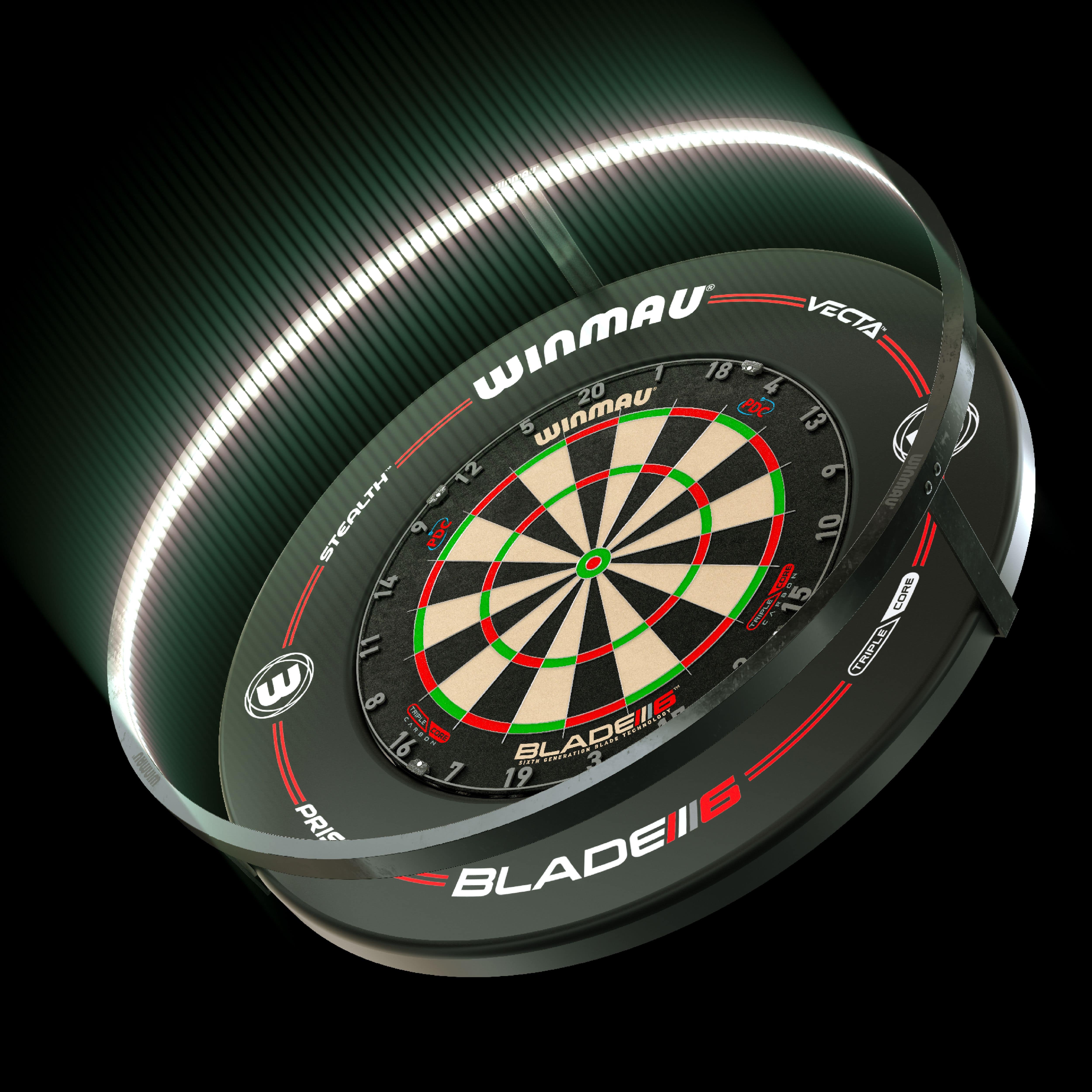ZESTAW Oświetlenie LED i otoczenie Winmau Plasma Das Bild zeigt das Winmau Plasma LED Beleuchtung und Surround Bundle mit einer beleuchteten Dartscheibe. Die LED-Leiste sorgt für optimale Ausleuchtung und ein modernes Design.