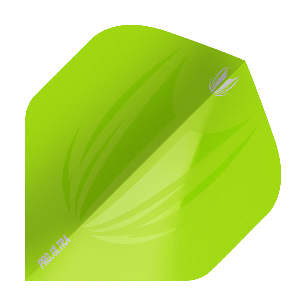 TG436_Target_ProUltra_ID_Lime_Green_No2_Standard_Flights_1nt2G20eYiEQoT Das Bild zeigt ein limegrünes Dartflight mit dem Aufdruck "PRO ULTRA". Das Flight hat ein modernes Design mit einem stilisierten Muster und ist in der Standardform gehalten.