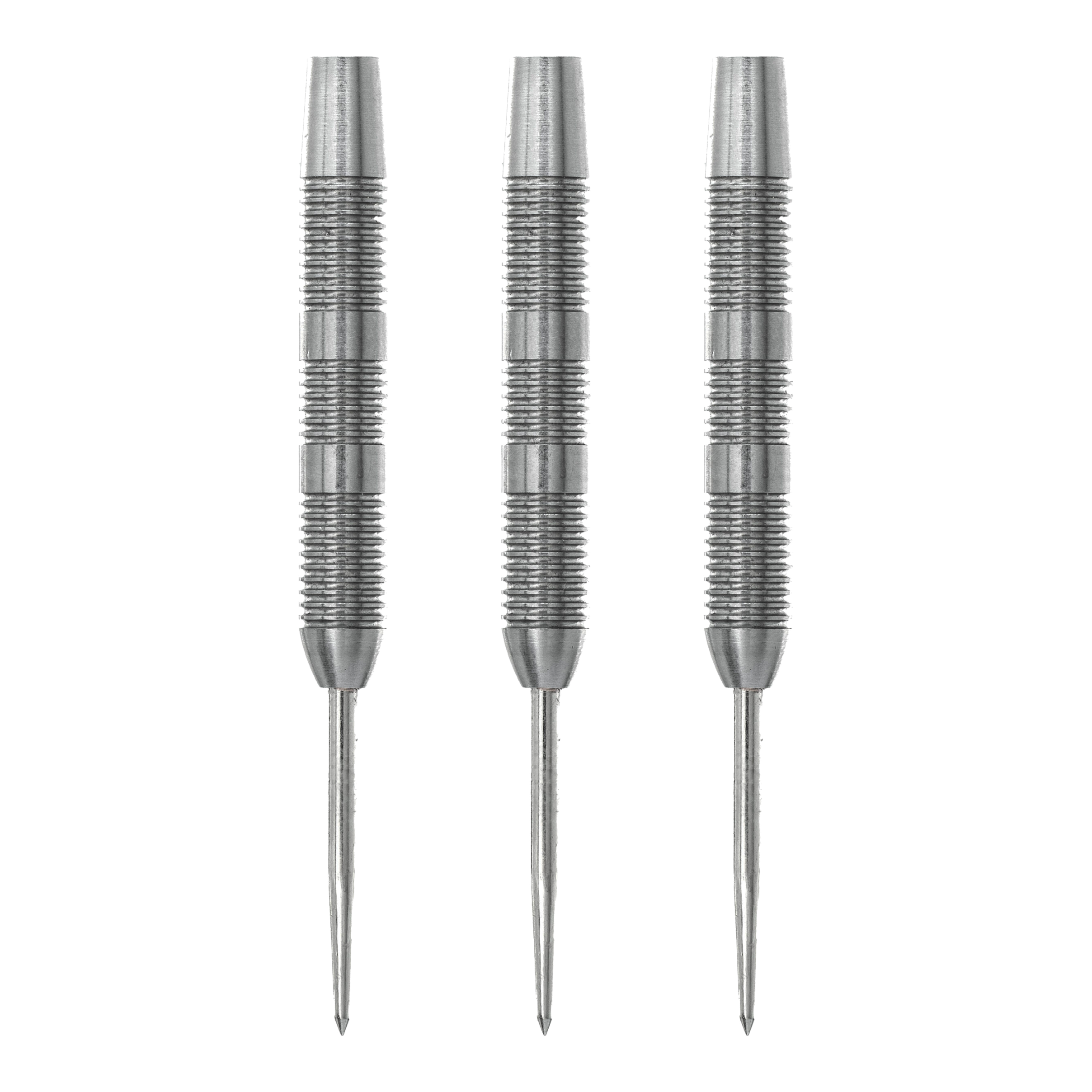 Das Bild zeigt drei McDart Spectre V4 Steeldart Barrels mit einem Gewicht von 22g. Die silbernen Barrels haben eine präzise Riffelung für besseren Halt.