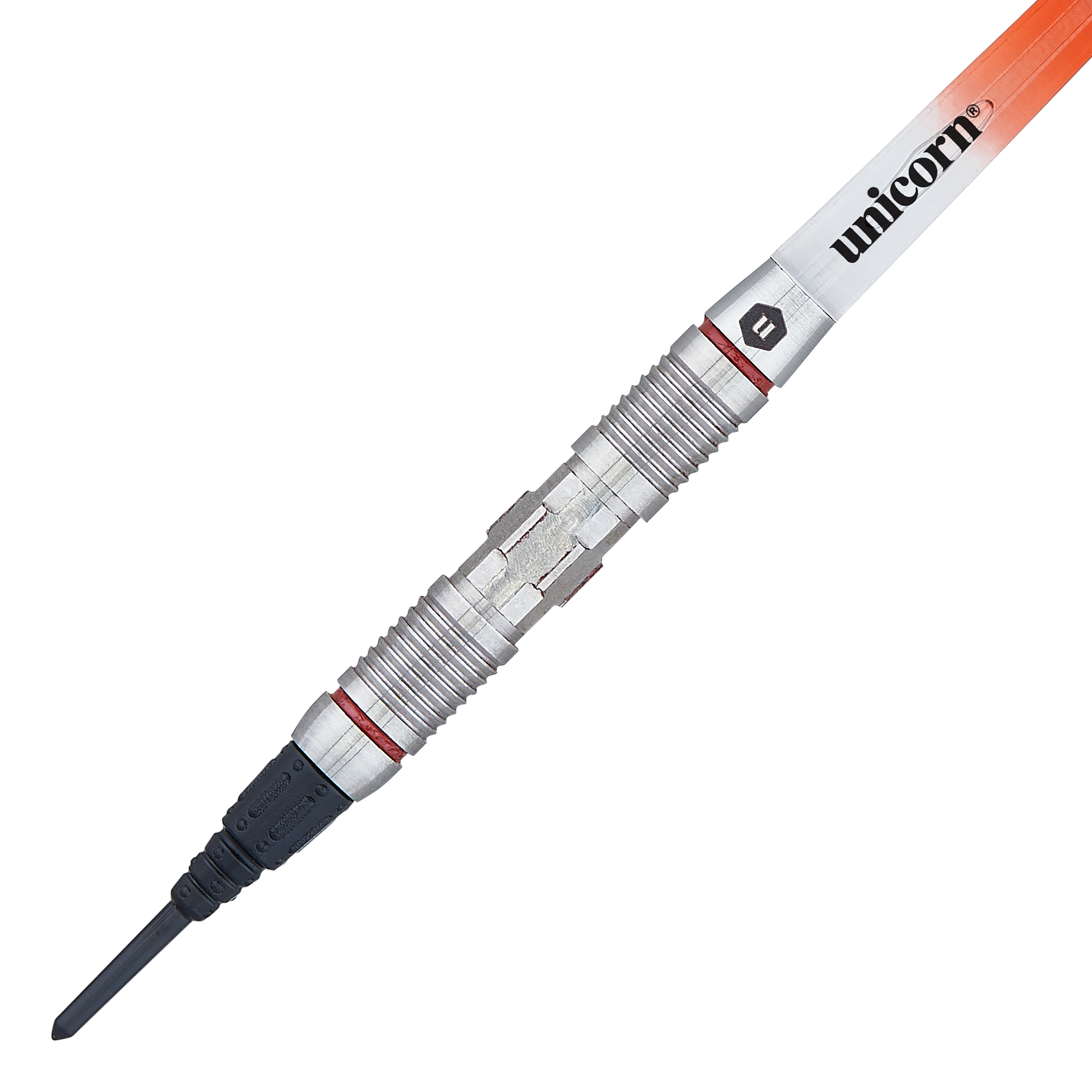 Unicorn Ballista Style 2 miękkie lotki Das Bild zeigt einen Softdart namens "Unicorn Ballista Style 2". Der Dart hat einen silbernen, geriffelten Schaft und eine orangefarbene Flight mit der Aufschrift "unicorn".