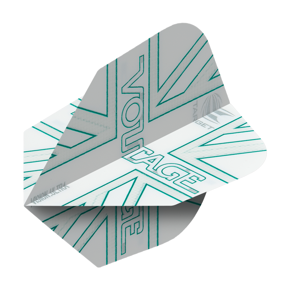 TG271_332850_Target_VisionUltra_Rob_Cross_Voltage_No6_Flights_2 Das Bild zeigt einen Target VisionUltra Rob Cross Voltage No6 Dartflug. Der Flug ist in den Farben Weiß und Grau gestaltet und trägt das Wort „VOLTAGE“ mit türkisfarbenen Linien.