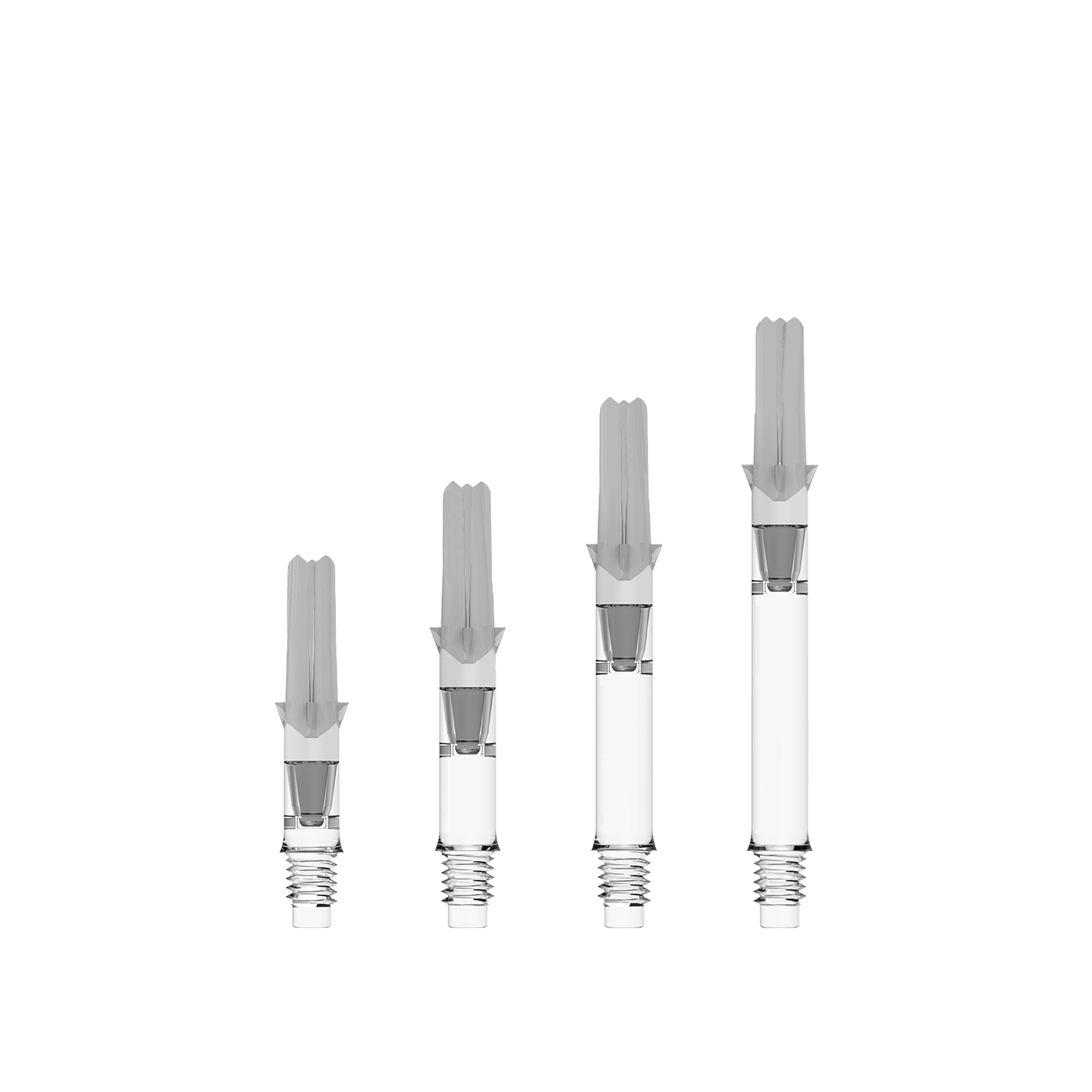 Das Bild zeigt vier durchsichtige L-Style L-Shafts Silent Straight in unterschiedlichen Längen. Sie sind nebeneinander auf weißem Hintergrund angeordnet.