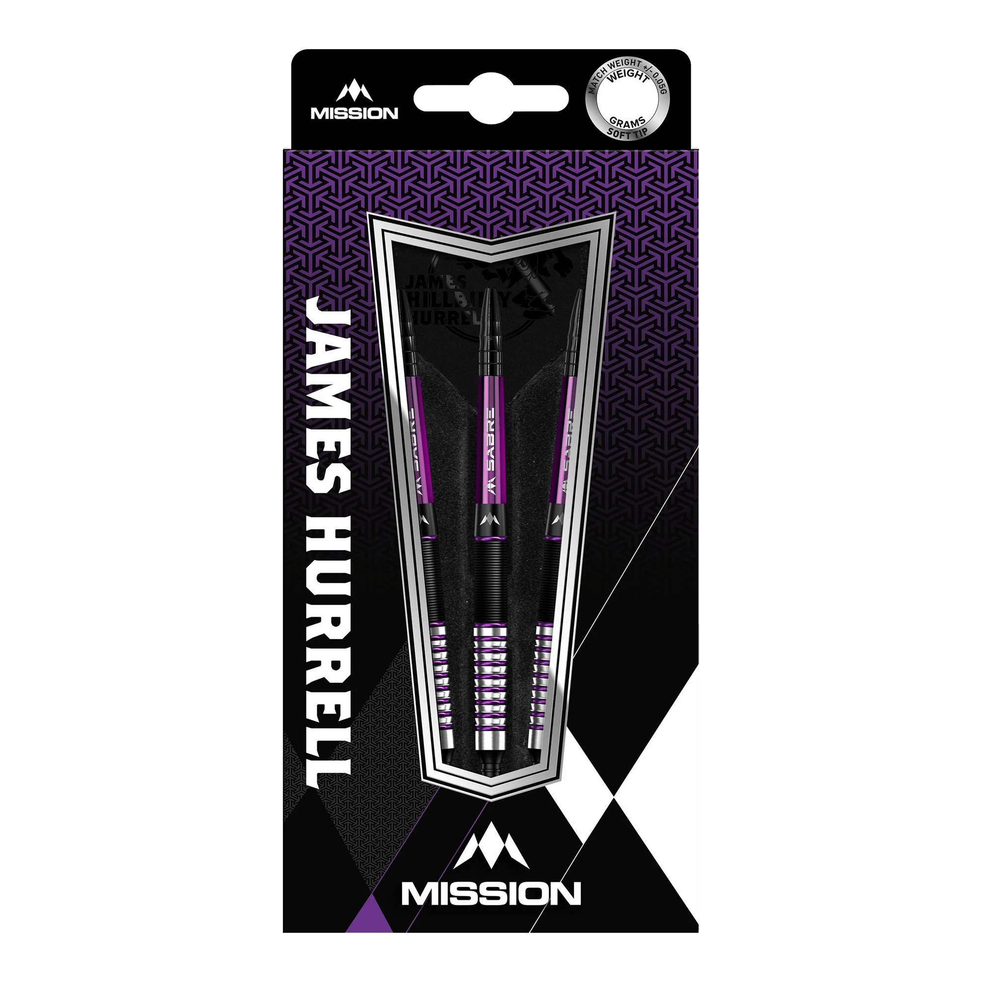 Das Bild zeigt eine Verpackung mit drei Softdarts der Marke Mission, Modell "James Hurrell Hillbilly Black Purple" mit einem Gewicht von 18g. Die Darts sind schwarz und lila gestaltet und in einer ansprechenden Box präsentiert.
