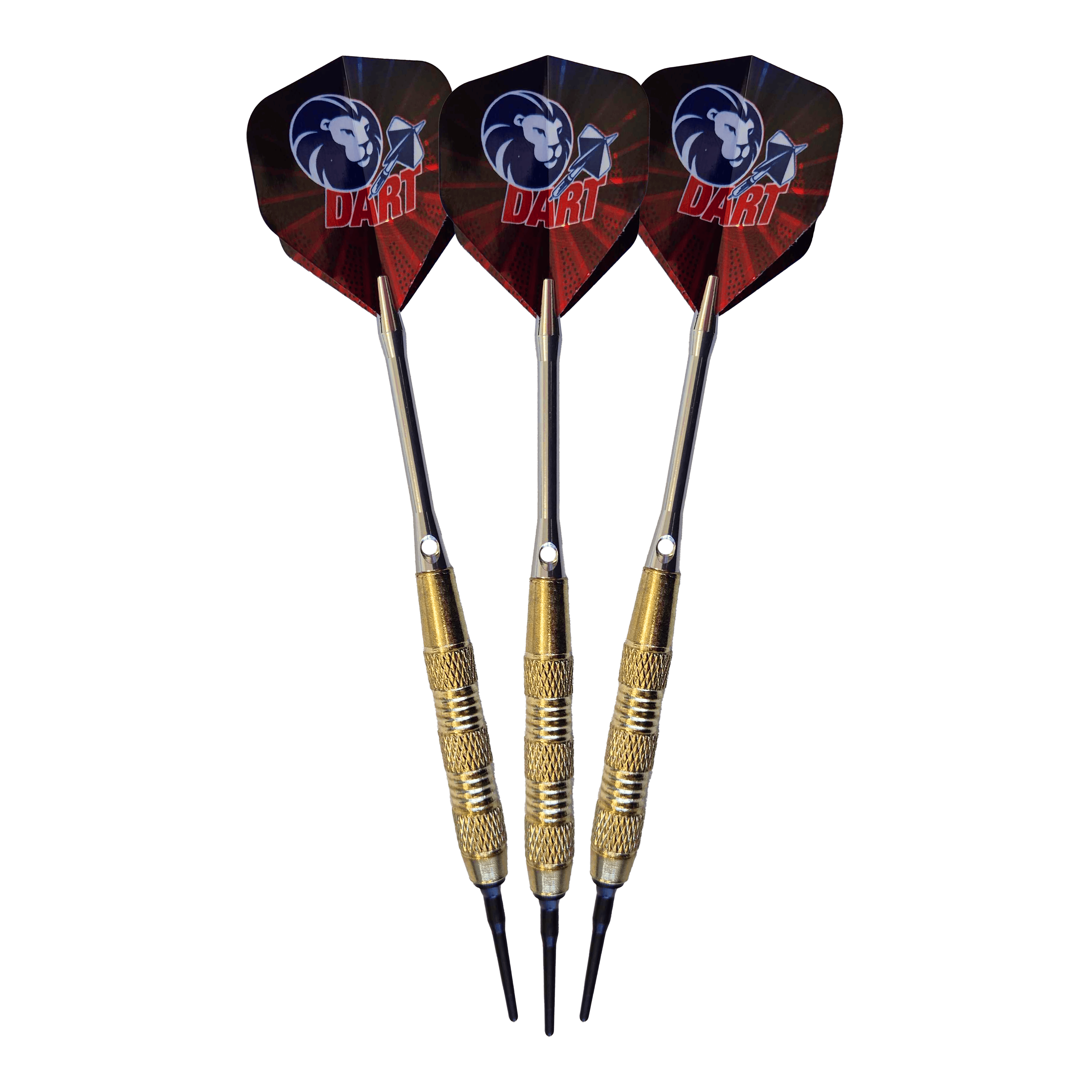 99 rzutek Löwen z miękką końcówką - 18g Das Bild zeigt drei 99 Löwen Soft-Tip Darts mit einem Gewicht von 18g. Die Flights sind schwarz-rot und mit einem Löwenkopf-Motiv sowie dem Schriftzug "DART" bedruckt.
