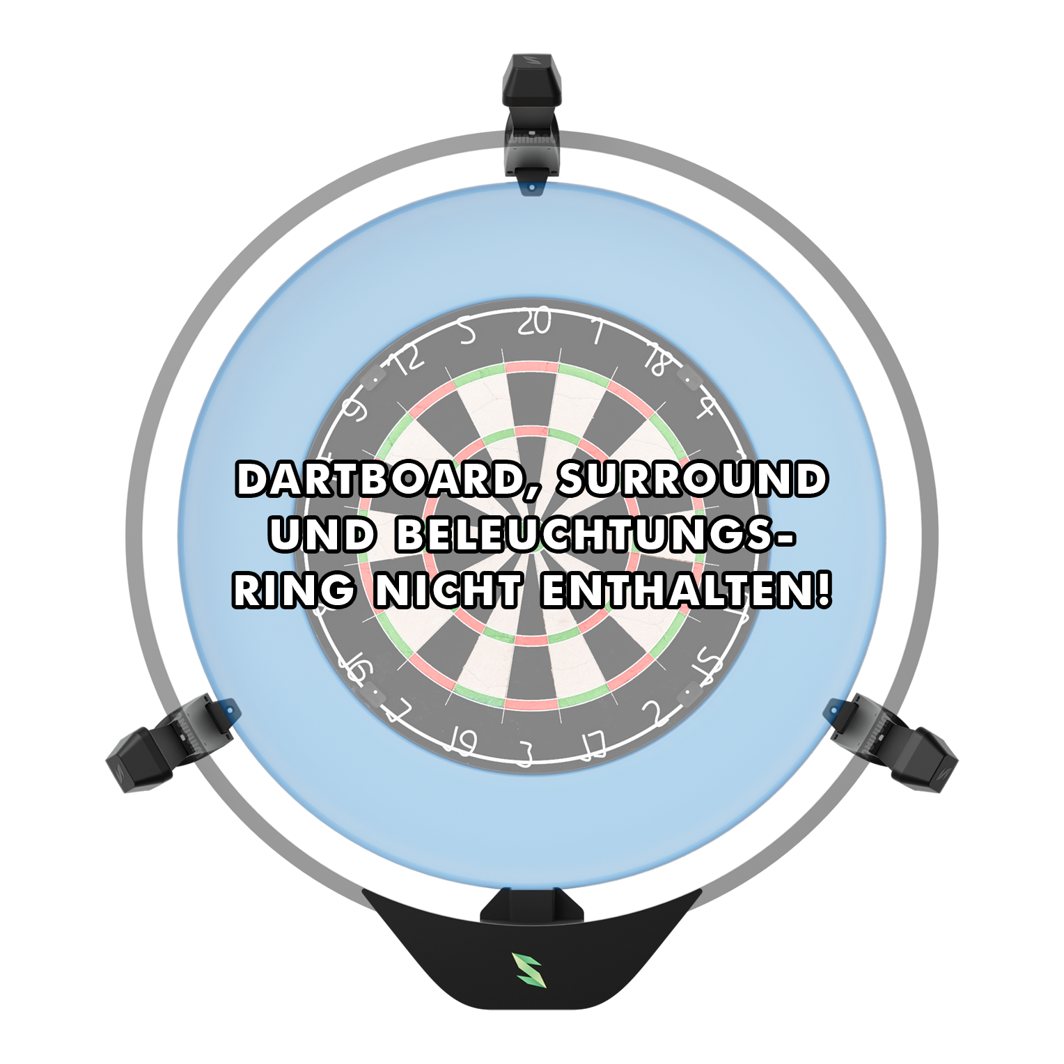 Das Bild zeigt das Produkt "Scolia Home 2 FLEX – Electronic Score System" rund um ein Dartboard. Auf dem Bild steht der Hinweis, dass Dartboard, Surround und Beleuchtungsring nicht enthalten sind.