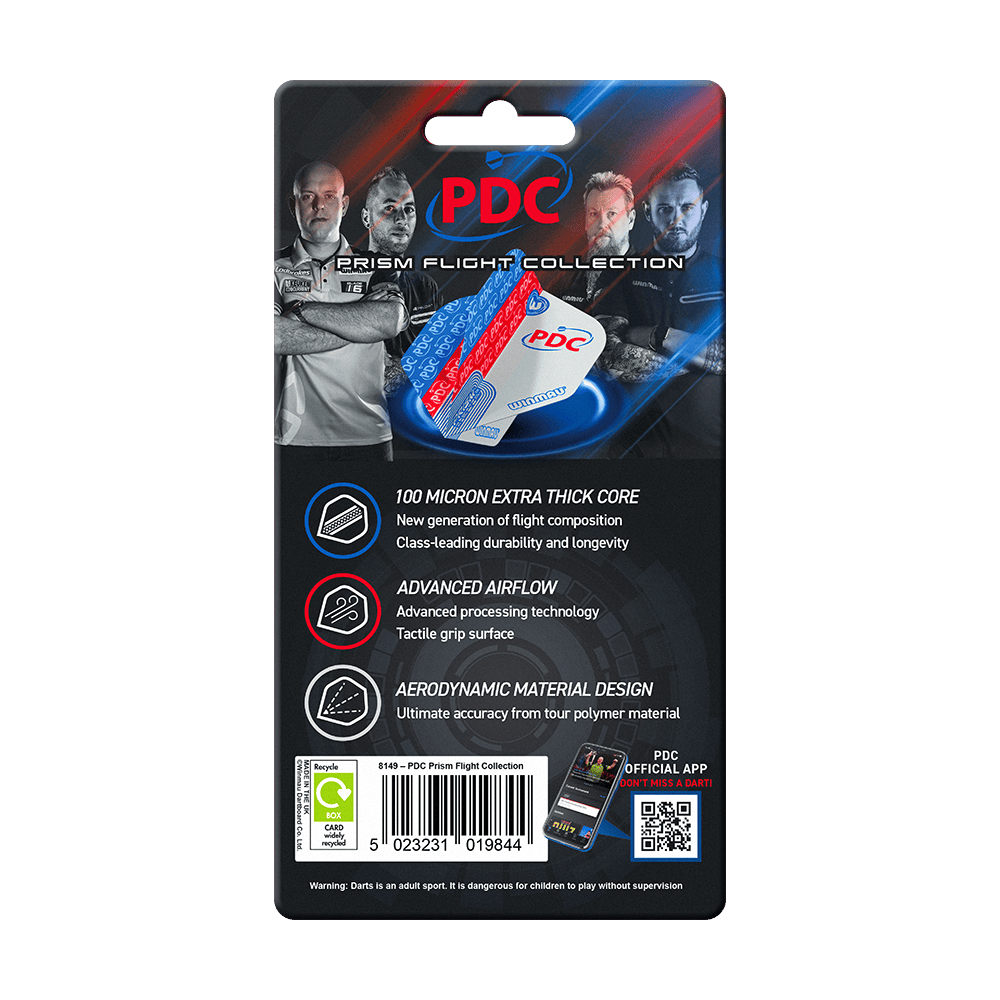 Kolekcja Winmau PDC Prism Flight Das Bild zeigt die Verpackung der "Winmau PDC Prism Flight Collection" für Dartflights. Auf der Verpackung sind Produktmerkmale und Bilder von Dartspielern abgebildet.