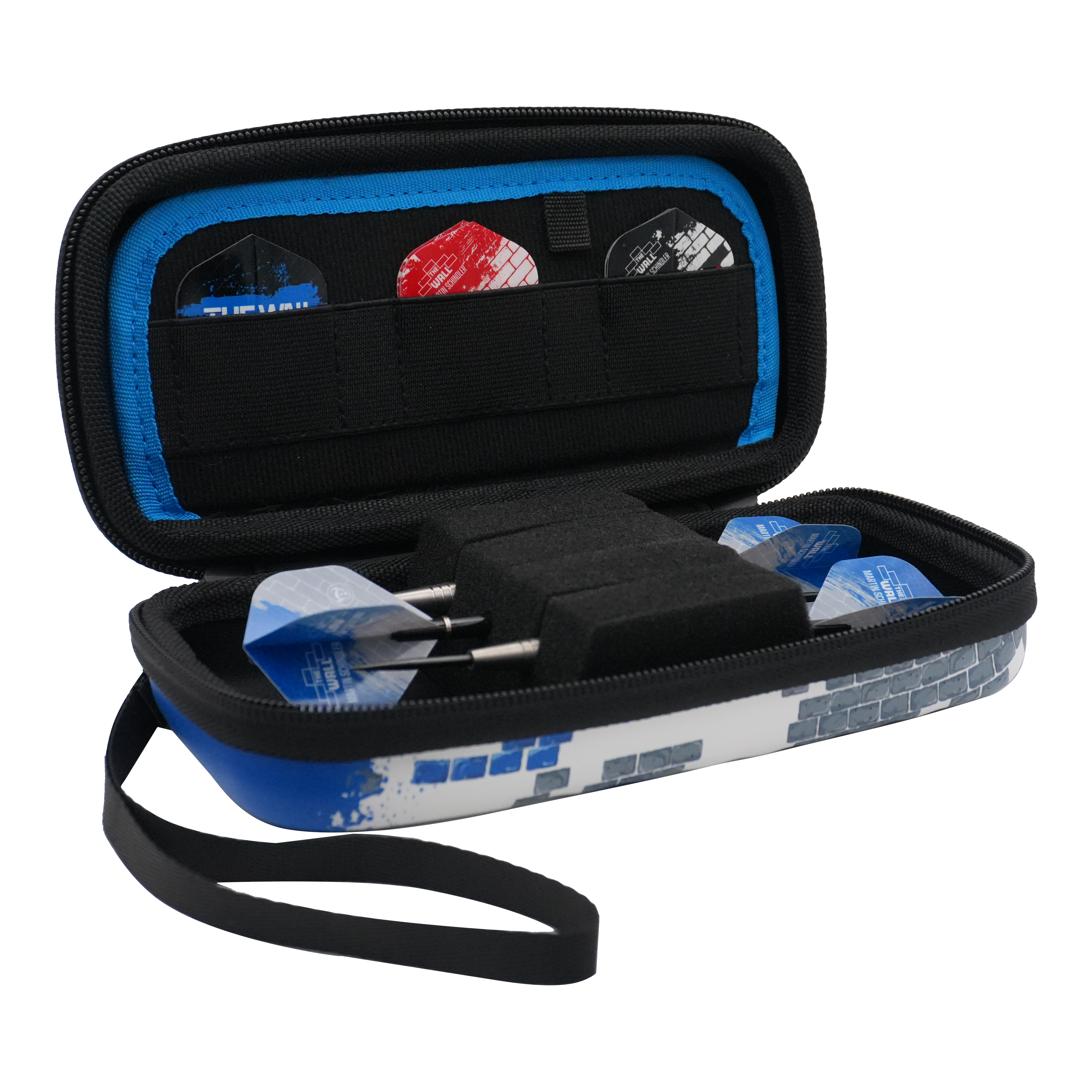 Etui na lotki Bulls Orbis S Martin Schindler Das Bild zeigt ein geöffnetes Dartcase mit mehreren Darts und Flights darin. Das Etui ist blau-weiß und trägt das Design des Bulls Orbis S Martin Schindler Dartcase.