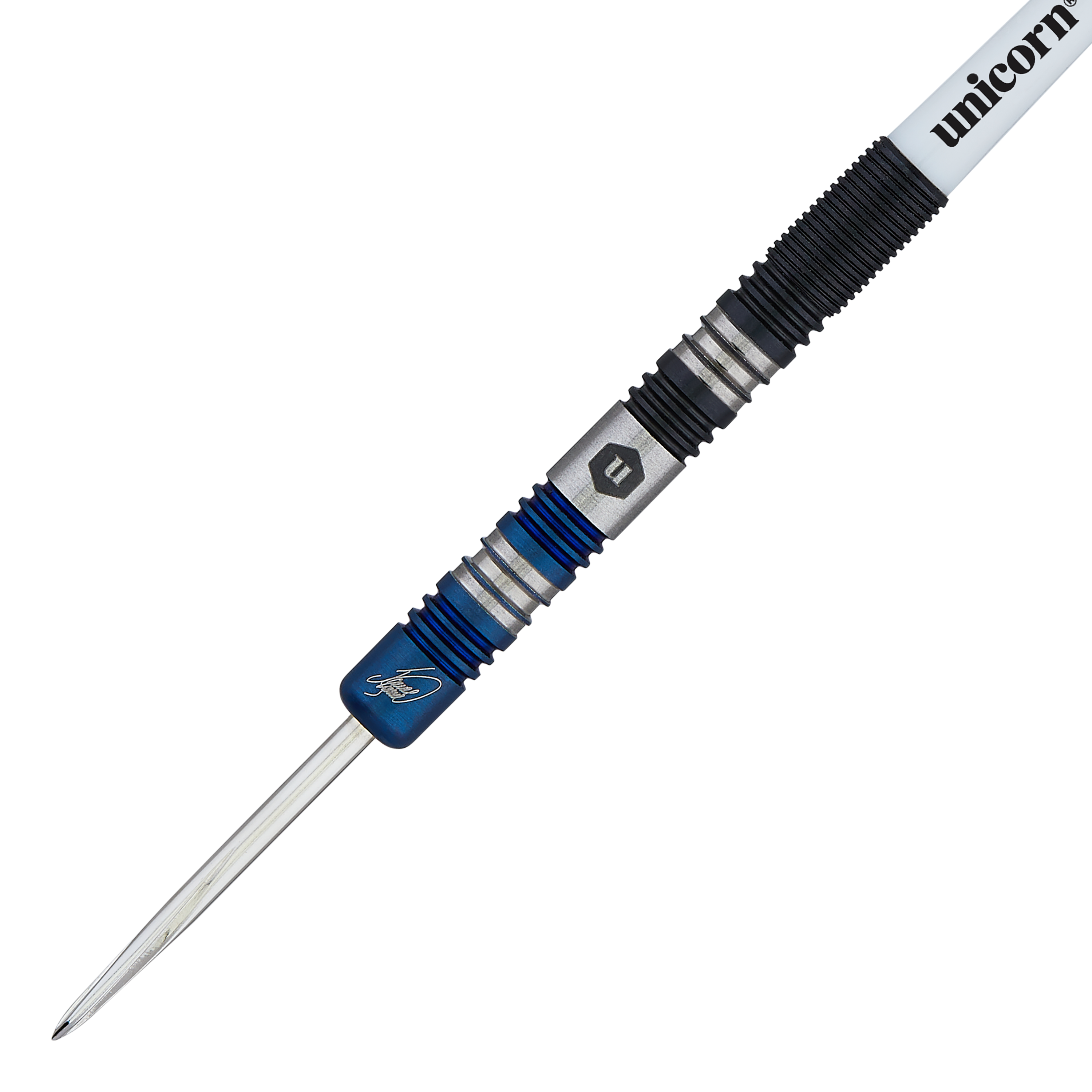 Unicorn The Machine James Wade Dwukolorowe stalowe lotki Das Bild zeigt einen Steeldart mit zweifarbigem Griff und blauen Akzenten. Auf dem Dart steht "unicorn" und es handelt sich um das Modell "The Machine James Wade".