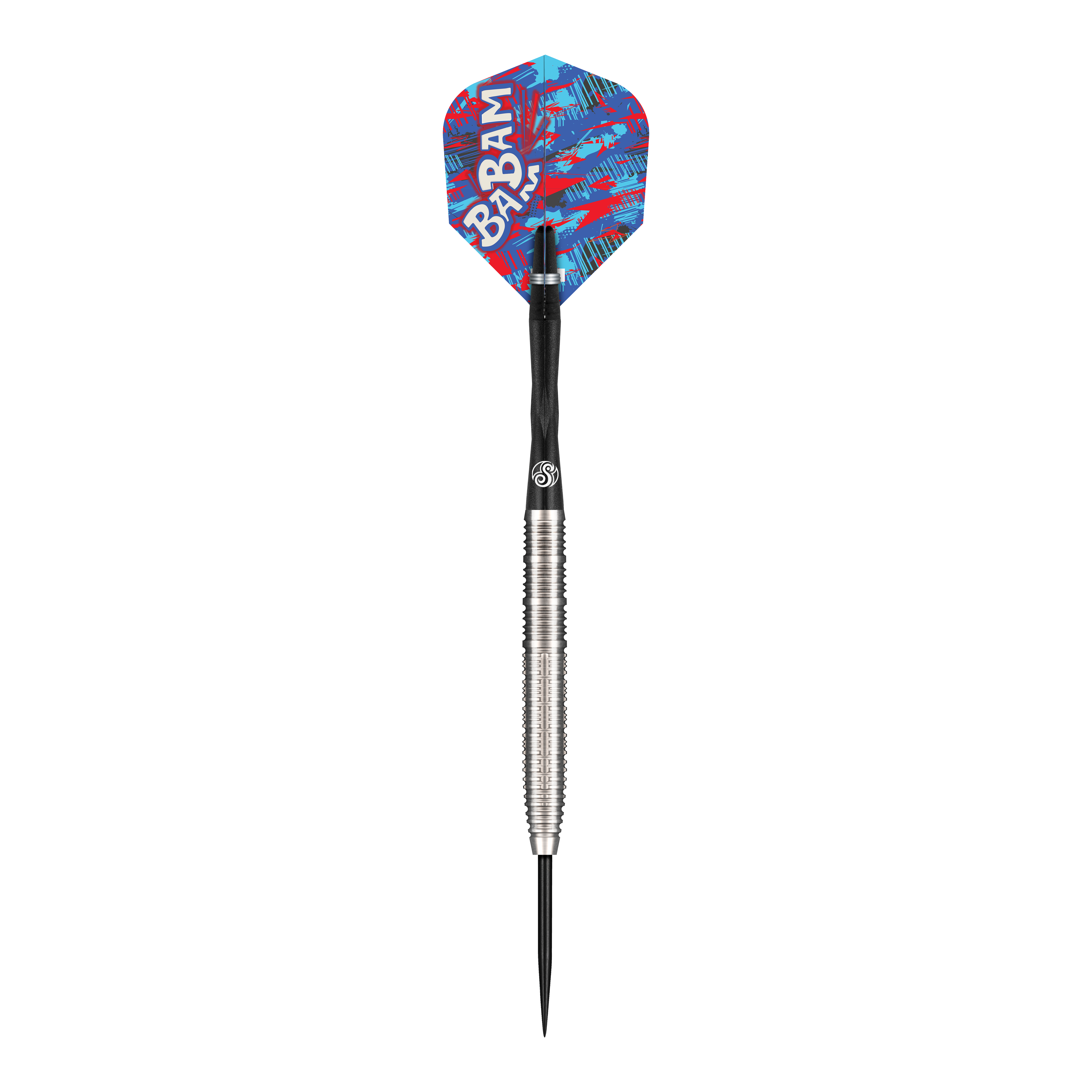 Dies ist ein Steeldart der Marke "Shot Pro Series Bradley Brooks GEN2" mit einem Gewicht von 23 Gramm. Der Dart hat einen silbernen, gerillten Schaft und eine bunte, blau-rote Flight mit der Aufschrift "BABAM".