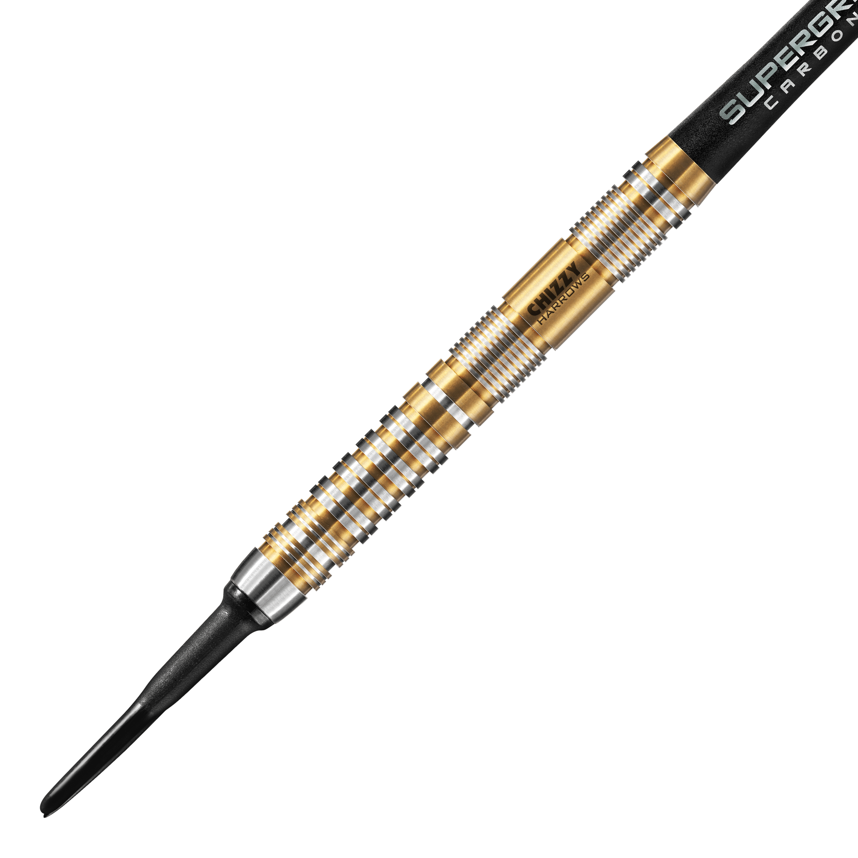 Miękkie rzutki Harrow's Dave Chisnall Chizzy Series 2 Das Bild zeigt einen Harrows Dave Chisnall Chizzy Series 2 Softdart. Der Dartpfeil hat ein auffälliges Design mit goldenen und silbernen Ringen entlang des Barrels.