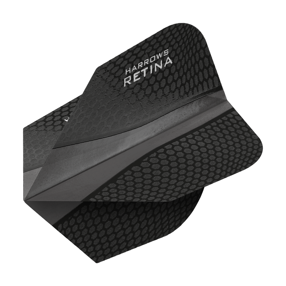 HR67_Harrows_Retina_Schwarz_No2_Standard_Flights_2 Das Bild zeigt die Harrows Retina Schwarz No6 Flights, die für Dartpfeile verwendet werden. Sie sind schwarz und haben ein modernes, wabenartiges Muster.