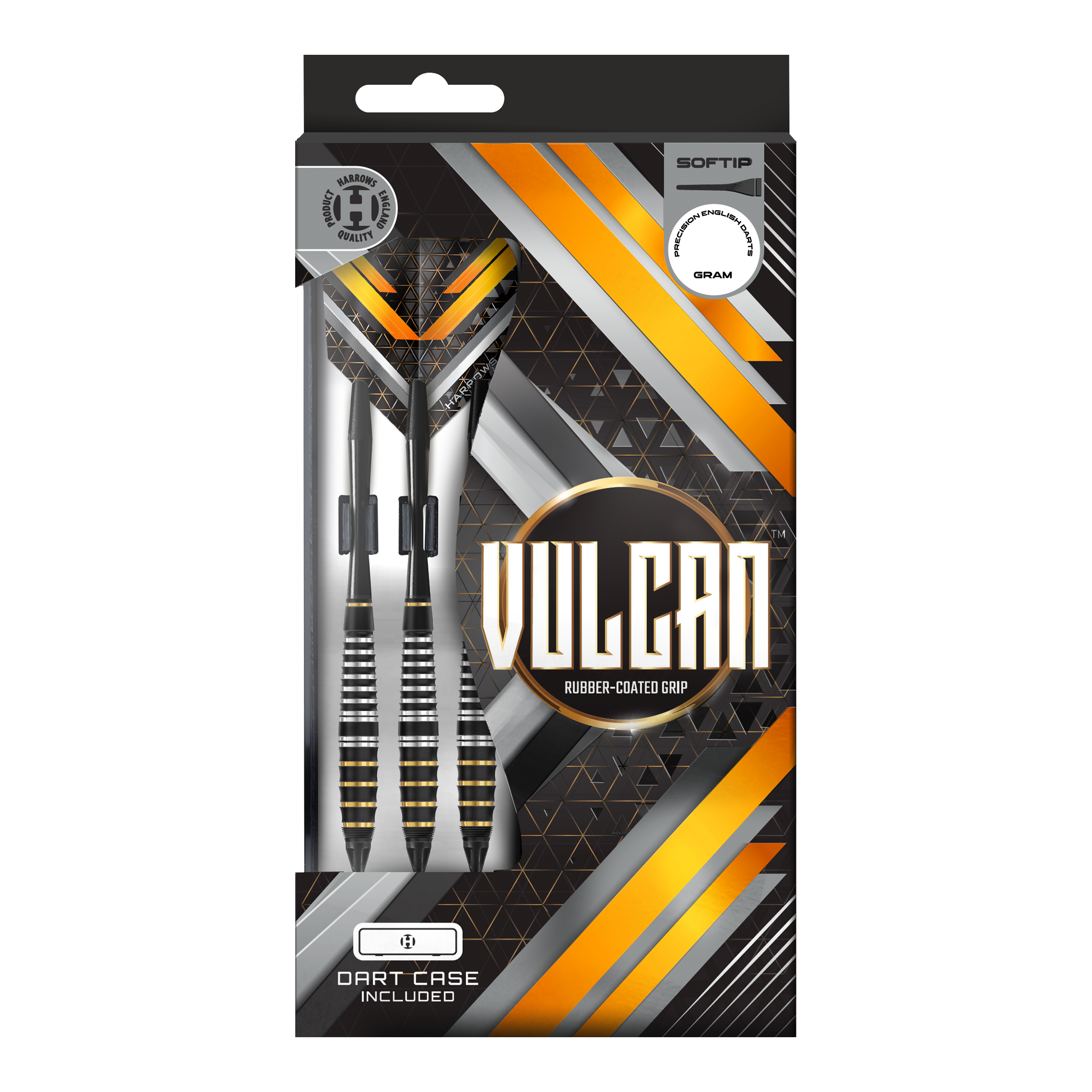 Zu sehen sind die Harrows Vulcan Softdarts. Diese Softdarts zeichnen sich durch ihr modernes Design aus.
