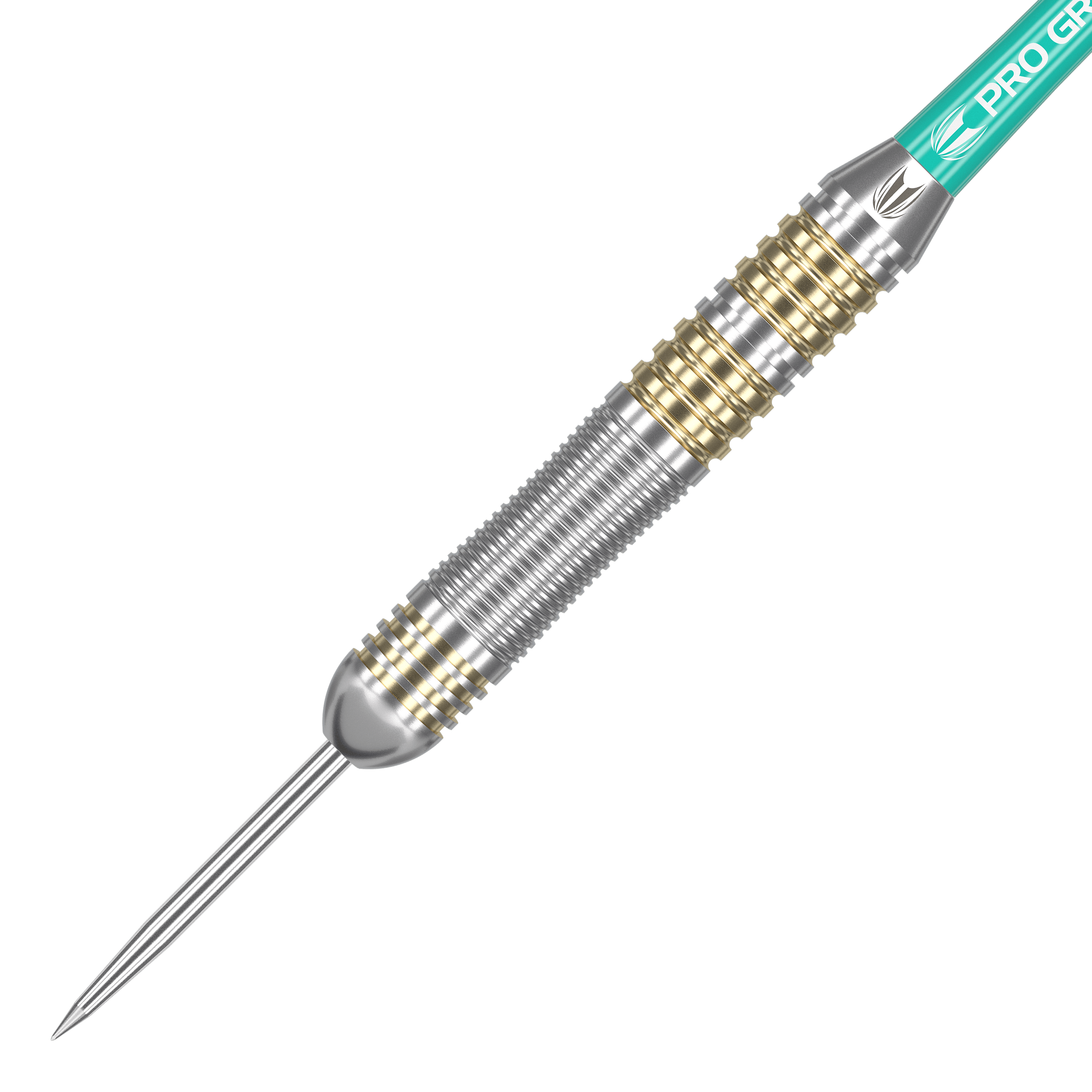 Target Rob Cross Brass Steeldarts - 22g Das Bild zeigt einen Target Rob Cross Brass Steeldart mit einem Gewicht von 22g. Der Dart ist silberfarben mit goldenen Ringen und hat eine spitze Metallspitze.