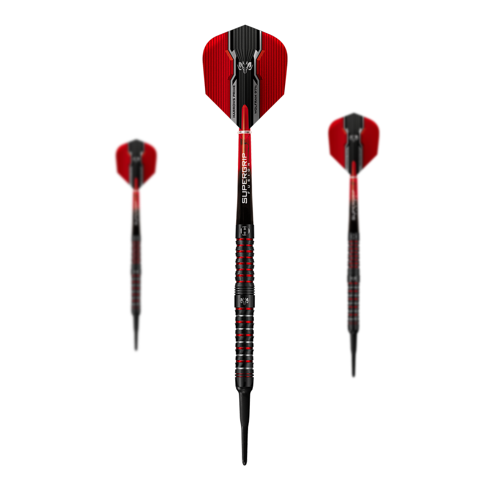 Harrows Wolfram Infinity 97% miękkie lotki wolframowe Das Bild zeigt drei Harrows Wolfram Infinity 97% Tungsten Softdarts. Die Darts haben ein auffälliges Design in Schwarz und Rot.