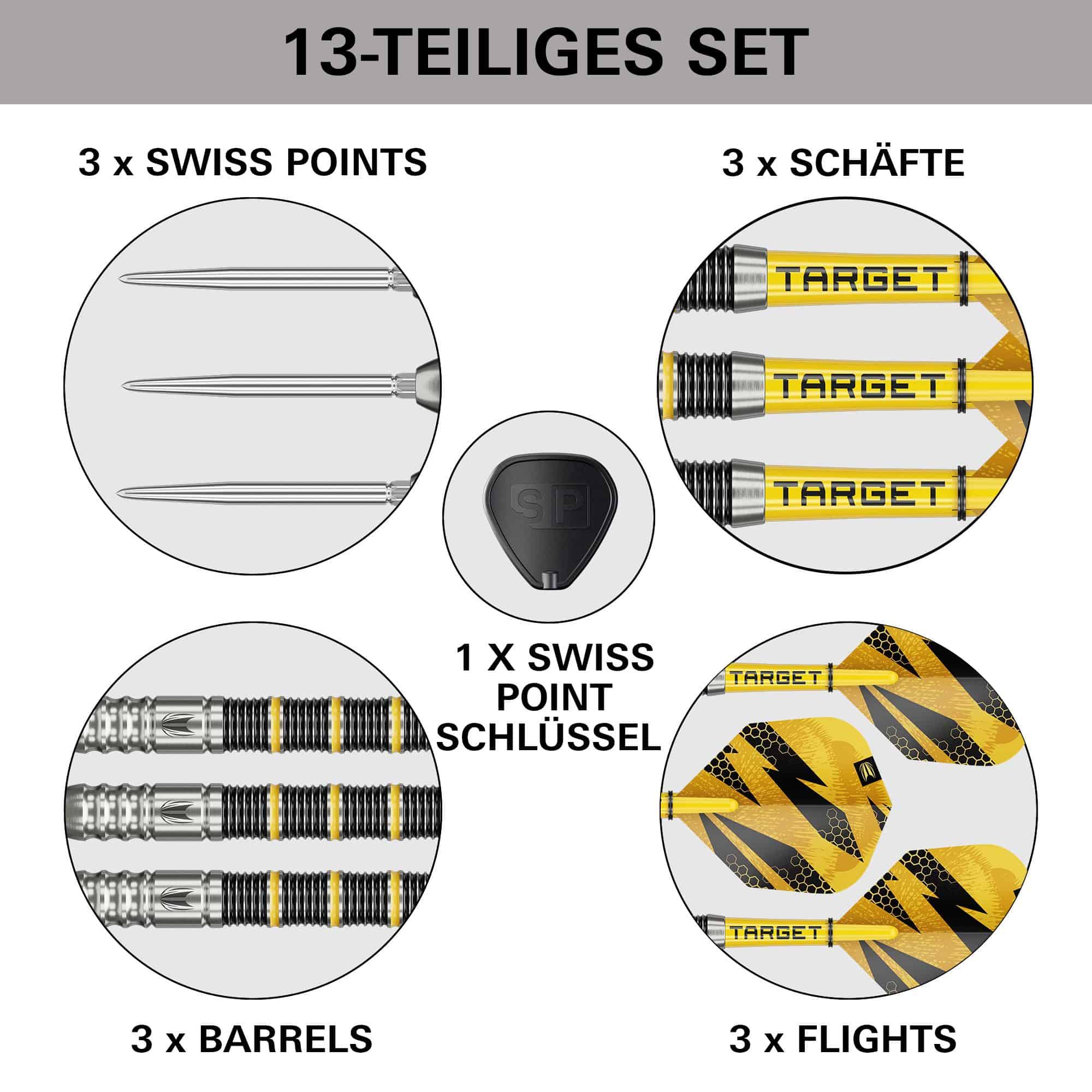 Stalowe lotki Target Buzz 02 Swiss Points Das Bild zeigt die Target Buzz 02 Swiss Points Steeldarts. Die Steeldarts werden aus einer anderen Perspektive vorgestellt.