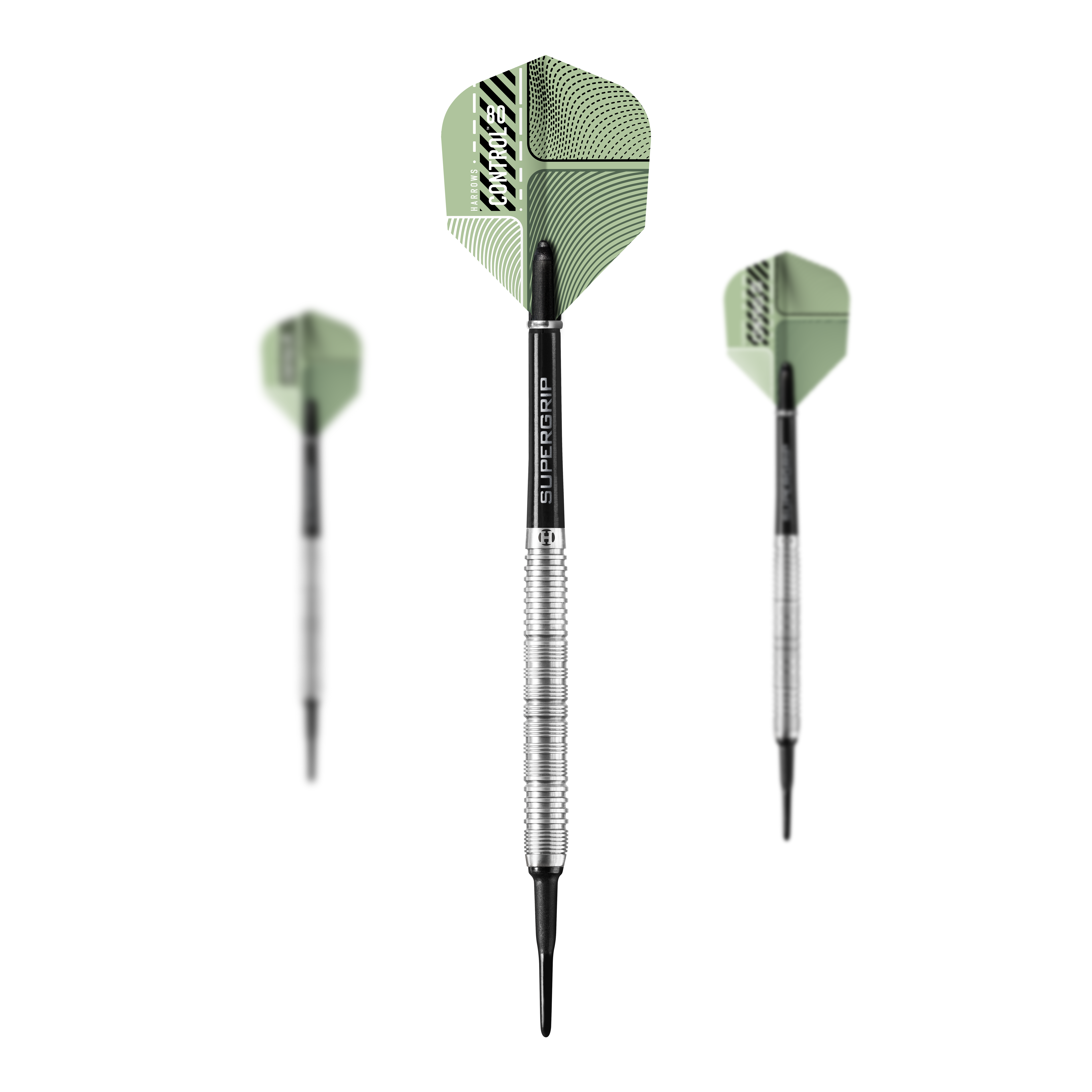 Harrows sterujące równoległe Softdarts Das Bild zeigt drei Harrows Control Parallel Softdarts mit grünen Flights und silbernen Griffen. Die Dartpfeile sind von vorne und von der Seite zu sehen.