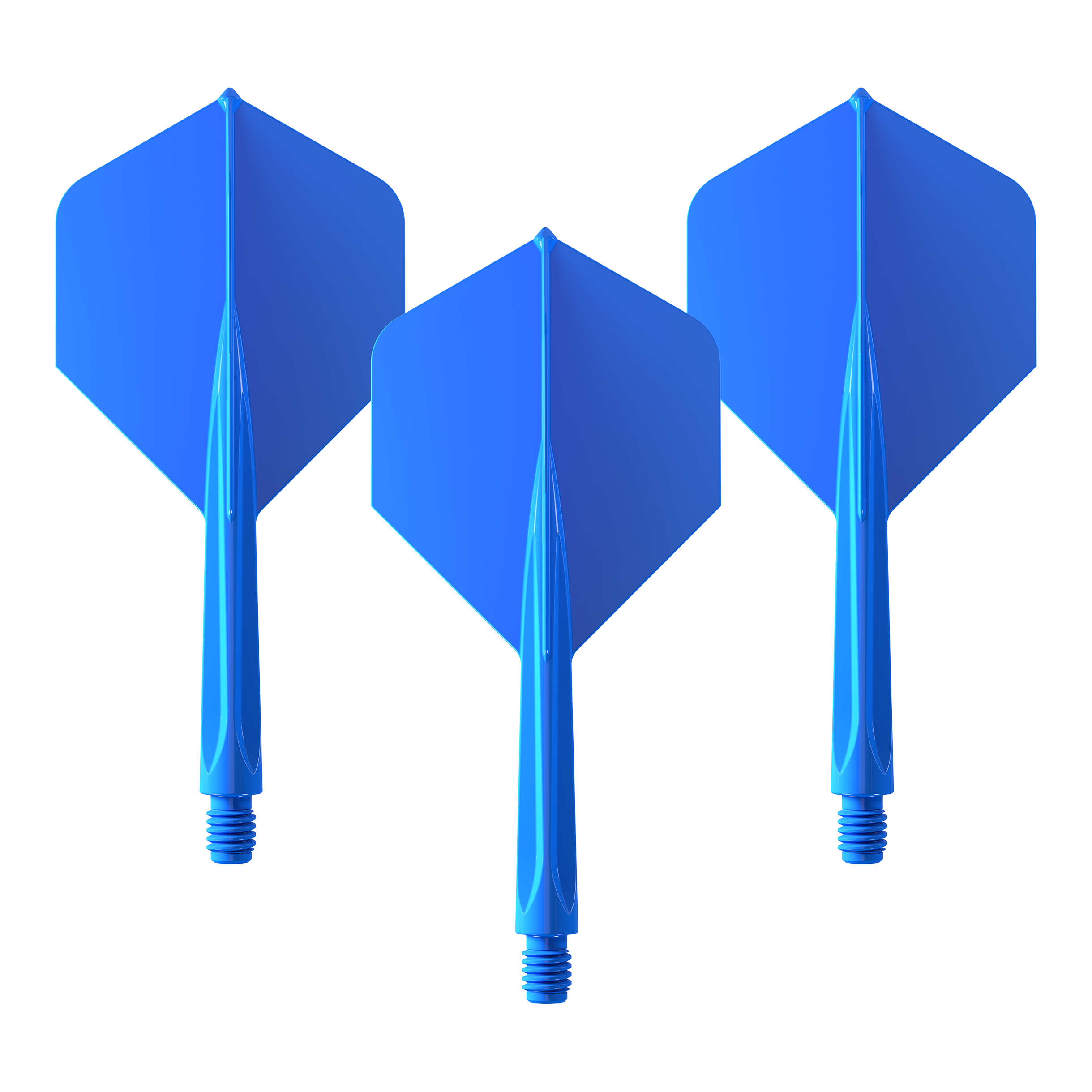 Das Bild zeigt drei blaue Dart-Flights des Produkts "Unicorn Forge All In One Plus No2 Standard Flights Blau - Medium". Sie sind mittelgroß und haben eine standardisierte Form.