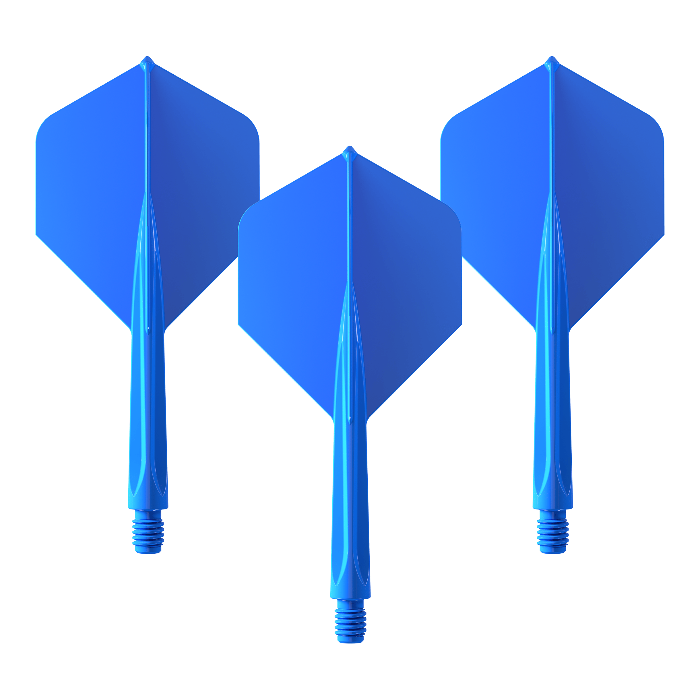 Unicorn Forge All In One Plus No2 Standard Flights Niebieski - Średni Das Bild zeigt drei blaue Dart-Flights des Produkts "Unicorn Forge All In One Plus No2 Standard Flights Blau - Medium". Sie sind mittelgroß und haben eine standardisierte Form.
