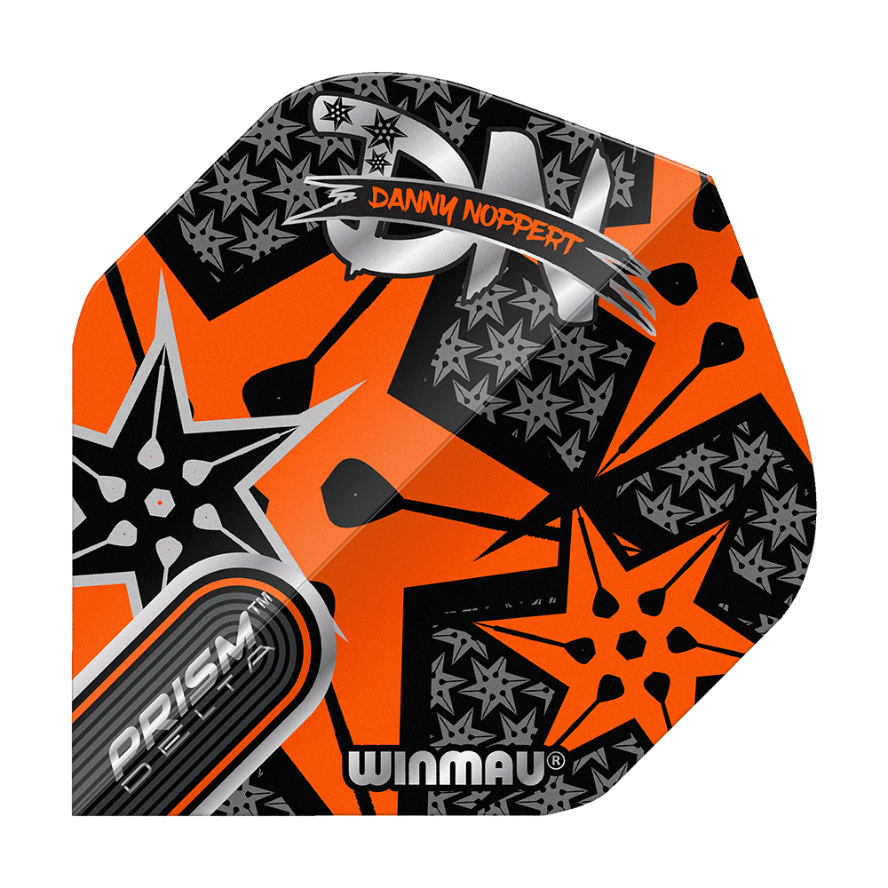 Winmau Prism Delta Danny Noppert Orange Signature No2 Standard Flights Das Bild zeigt ein buntes Dart-Flight mit orangefarbenem und schwarzem Sternmuster. Auf dem Flight stehen die Namen "Danny Noppert" und "Winmau Prism Delta".