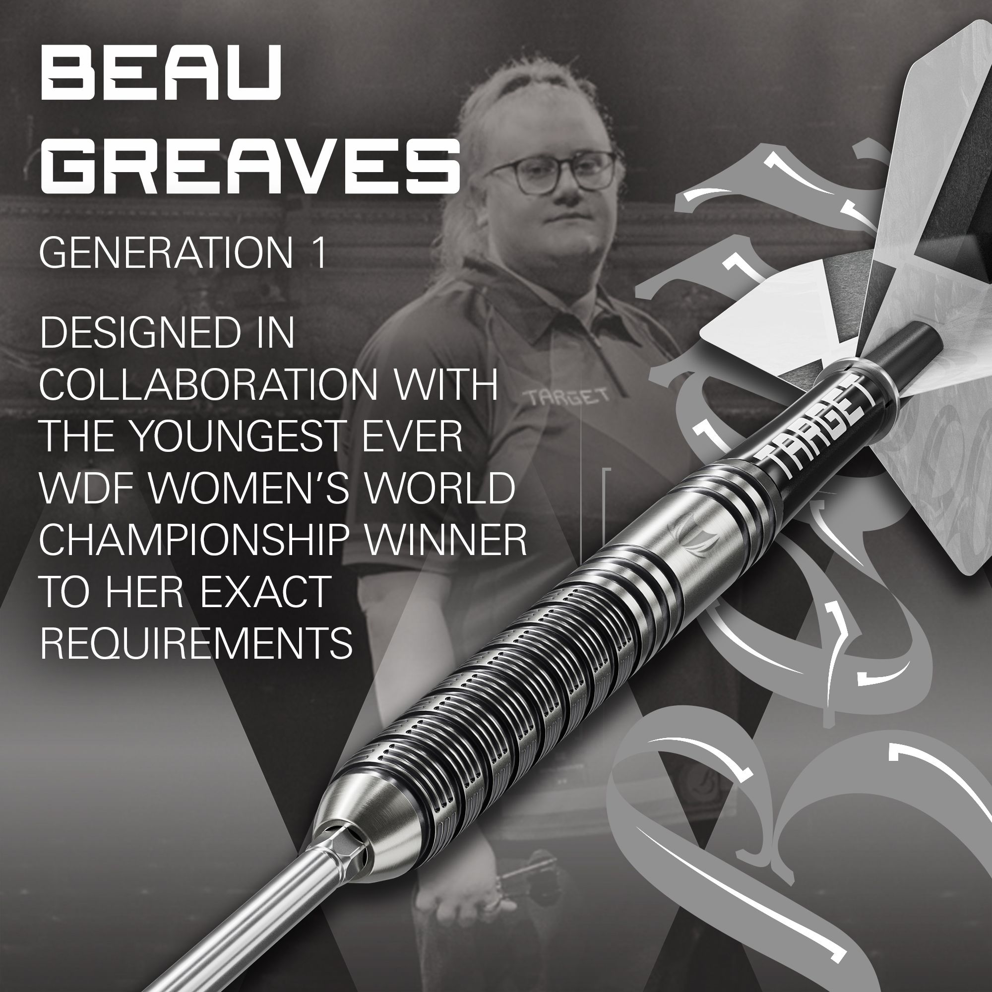 Target Beau Greaves GEN1 Swiss Point Steeldarts Dieses Foto zeigt die Target Beau Greaves GEN1 Swiss Point Steeldarts von der Seite. Die Details der Barrelstruktur sind klar erkennbar.