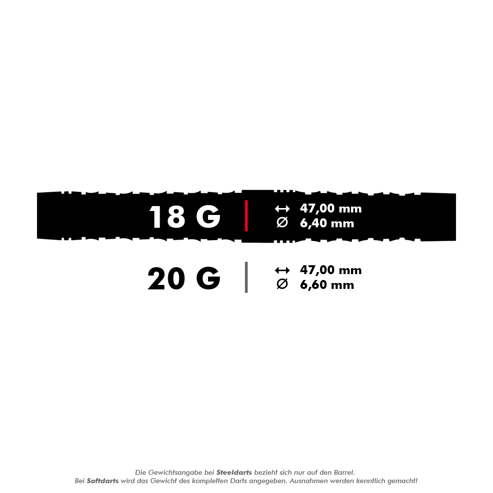 HA17041-Harrows-Wolfram-Infinity-97-Tungsten-Softdarts-5-18g Das Bild zeigt die Maße der Harrows Wolfram Infinity 97% Tungsten Softdarts. Die Darts sind in 18 g und 20 g erhältlich, beide mit einer Länge von 47,00 mm und einem Durchmesser von 6,40 mm bzw. 6,60 mm.