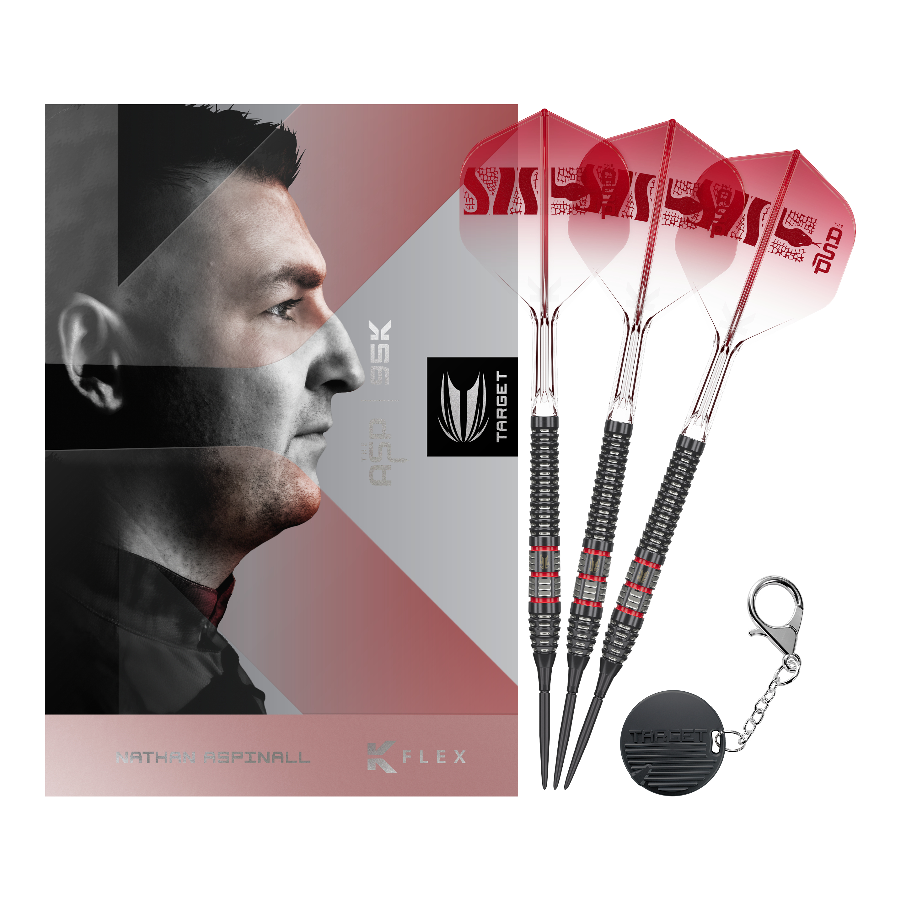 Lotki stalowe Target Nathan Aspinall 95K Swiss Point Volle Ansicht der Target Nathan Aspinall 95K Swiss Point Steeldarts. Die Darts sind in ihrer Gesamtheit abgebildet.
