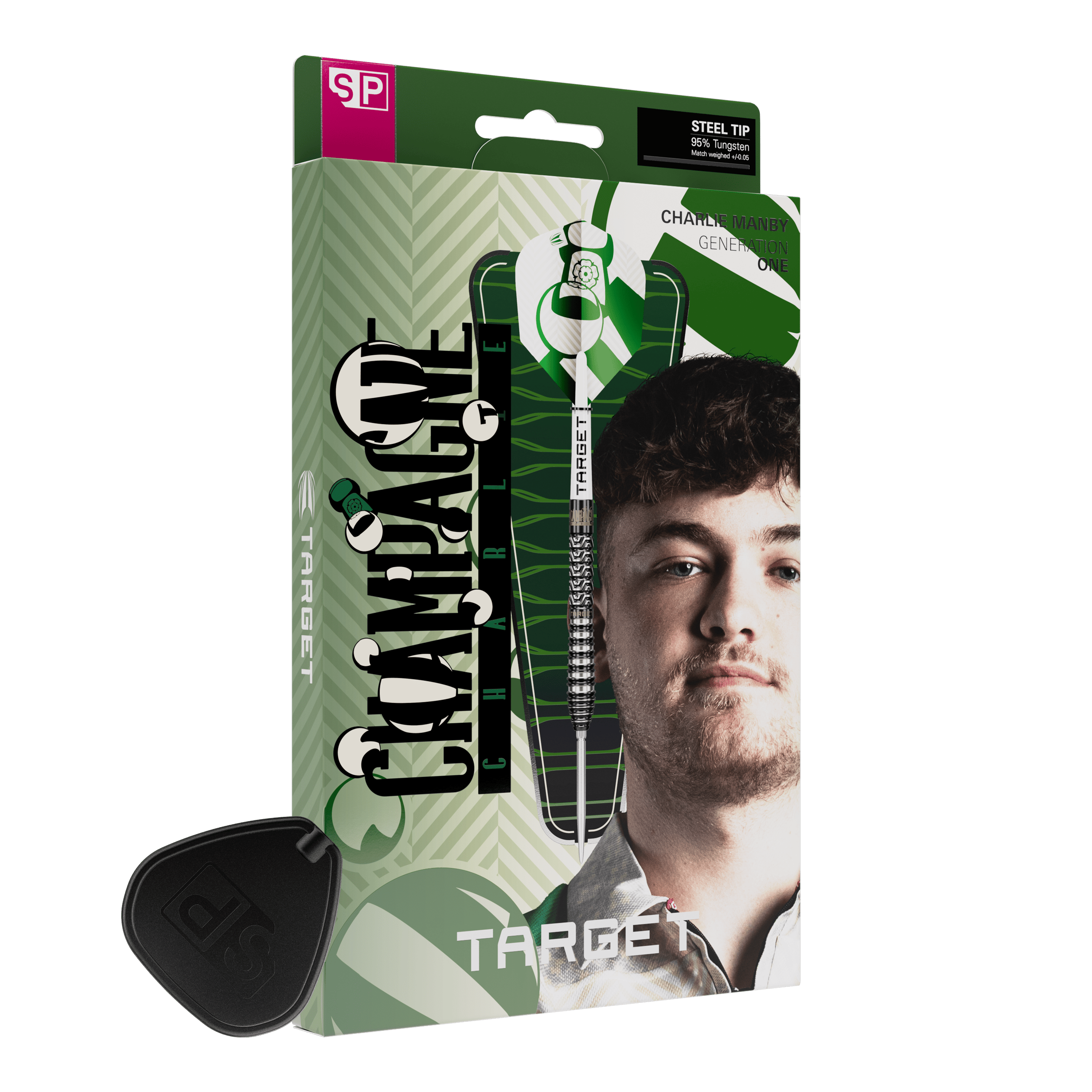Stalowe lotki Target Charlie Manby Swiss Points Dies ist ein Foto von Target Charlie Manby Swiss Points Steeldarts. Es wird ein weiterer Dart aus dem Set gezeigt.