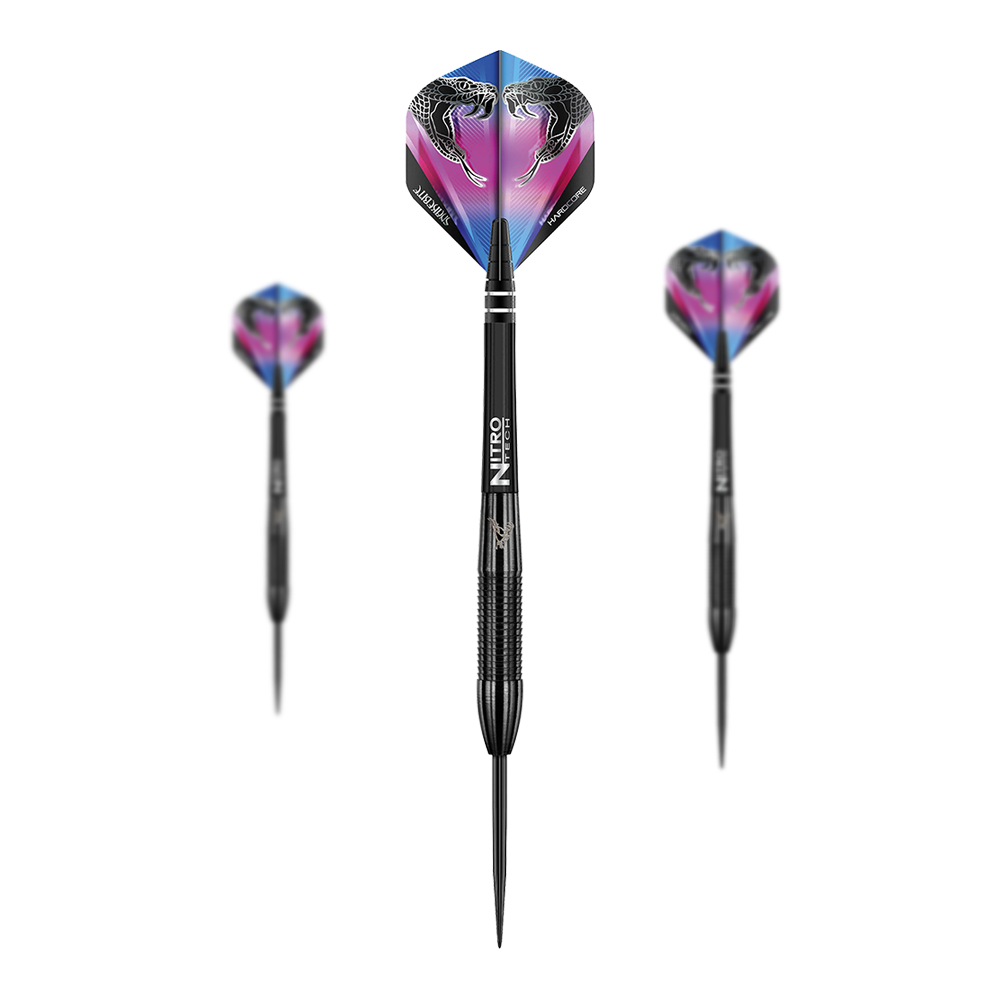 Red Dragon Peter Wright Snakebite 3 Czarne Steeldarts Auf dem Bild sind drei schwarze Steeldarts der Marke "Red Dragon Peter Wright Snakebite 3" zu sehen. Die Flights zeigen ein buntes Design mit zwei Schlangenköpfen.