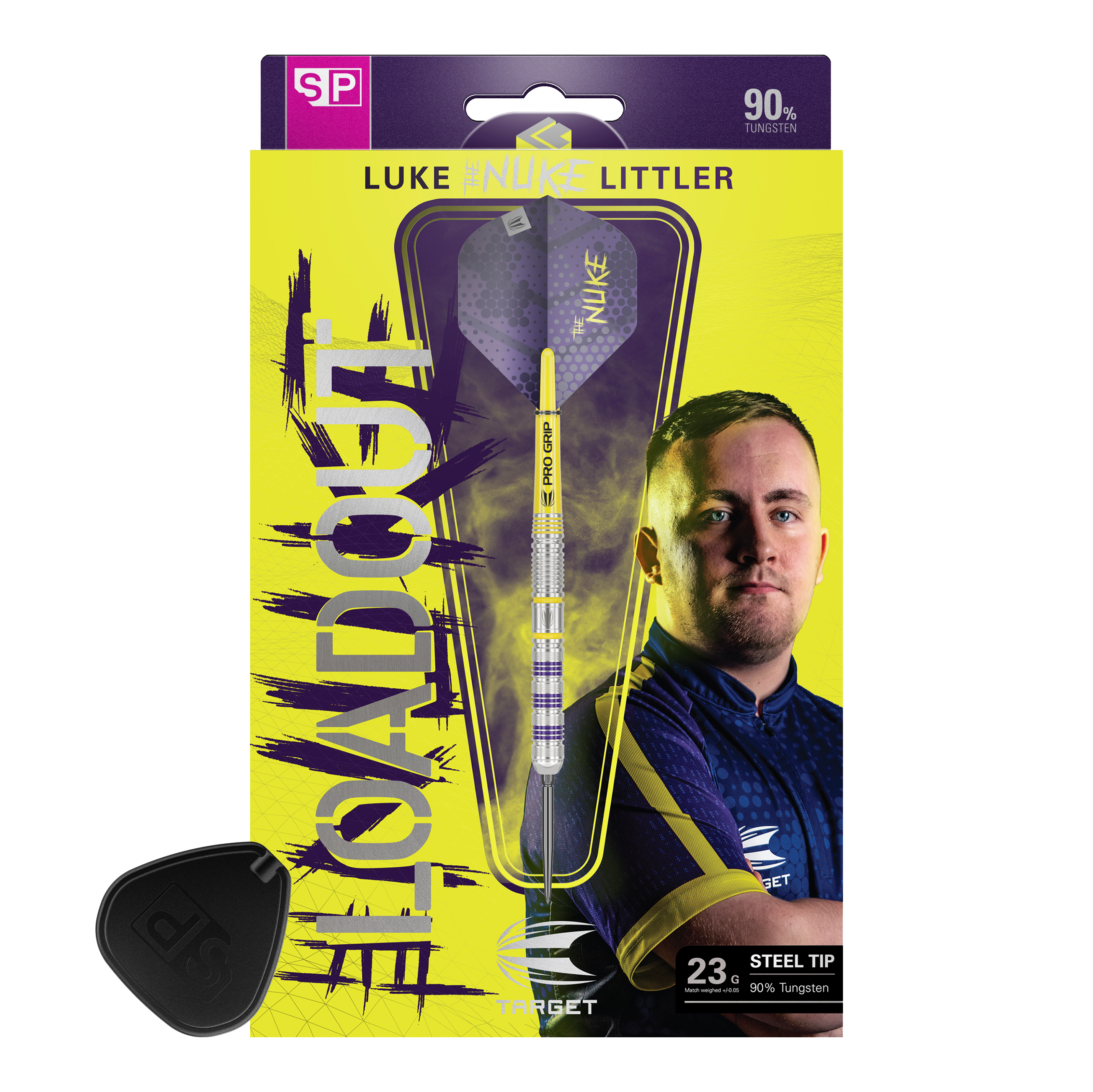 Stalowe rzutki Swiss Point firmy Target Luke Littler Loadout Auf dem Bild ist das Produkt "Target Luke Littler Loadout Swiss Point Steeldarts" zu sehen. Die Verpackung zeigt einen Dartpfeil sowie ein Porträt von Luke Littler vor einem gelben Hintergrund.