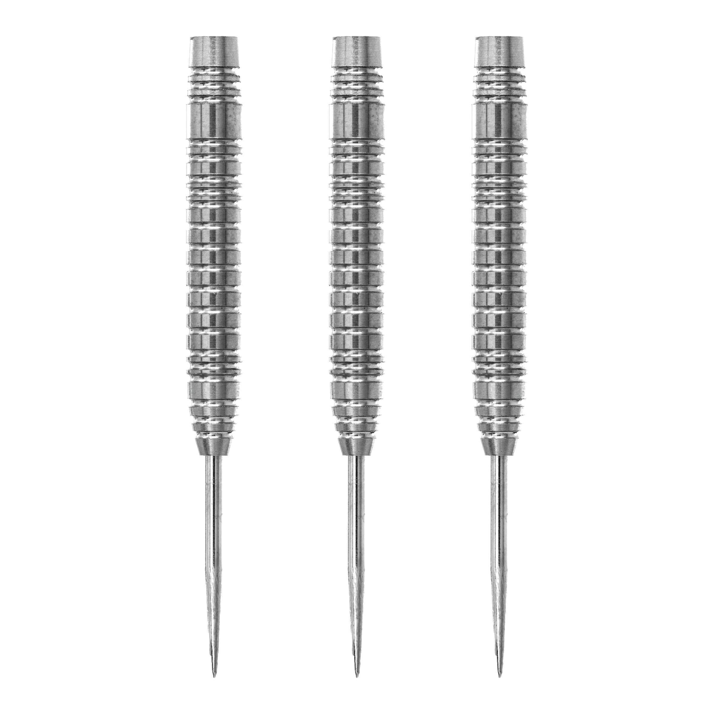 Das Bild zeigt drei Steeldart-Barrels des Produkts „McDart Spectre V3“ mit einem Gewicht von 23g. Die Barrels sind silberfarben und haben ein geriffeltes Design für besseren Halt.