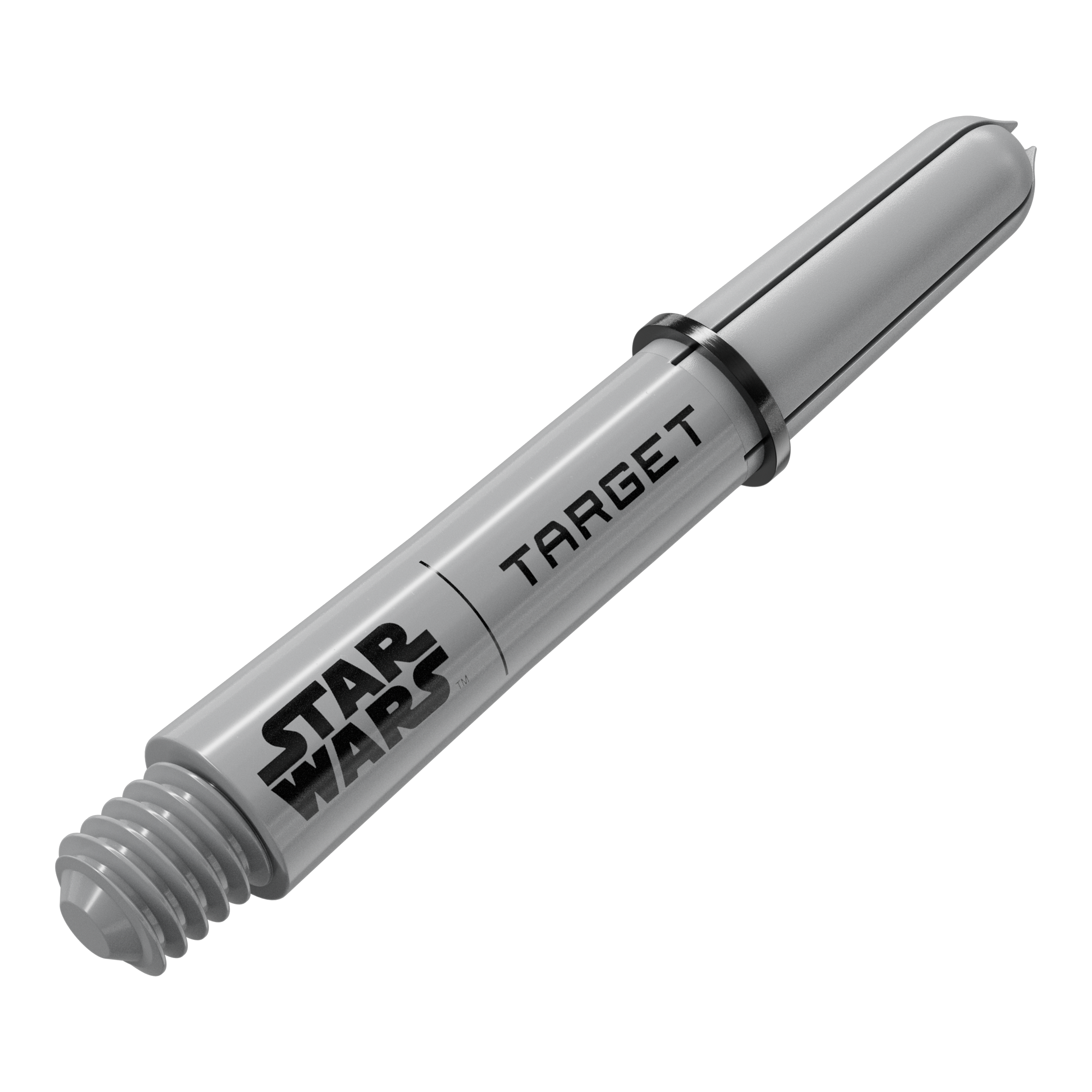 Dieses Bild scheint einen Target Star Wars Pro Grip Shaft in Grau, 34 mm zu präsentieren. Es handelt sich um eine weitere Perspektive der kurzen Variante.