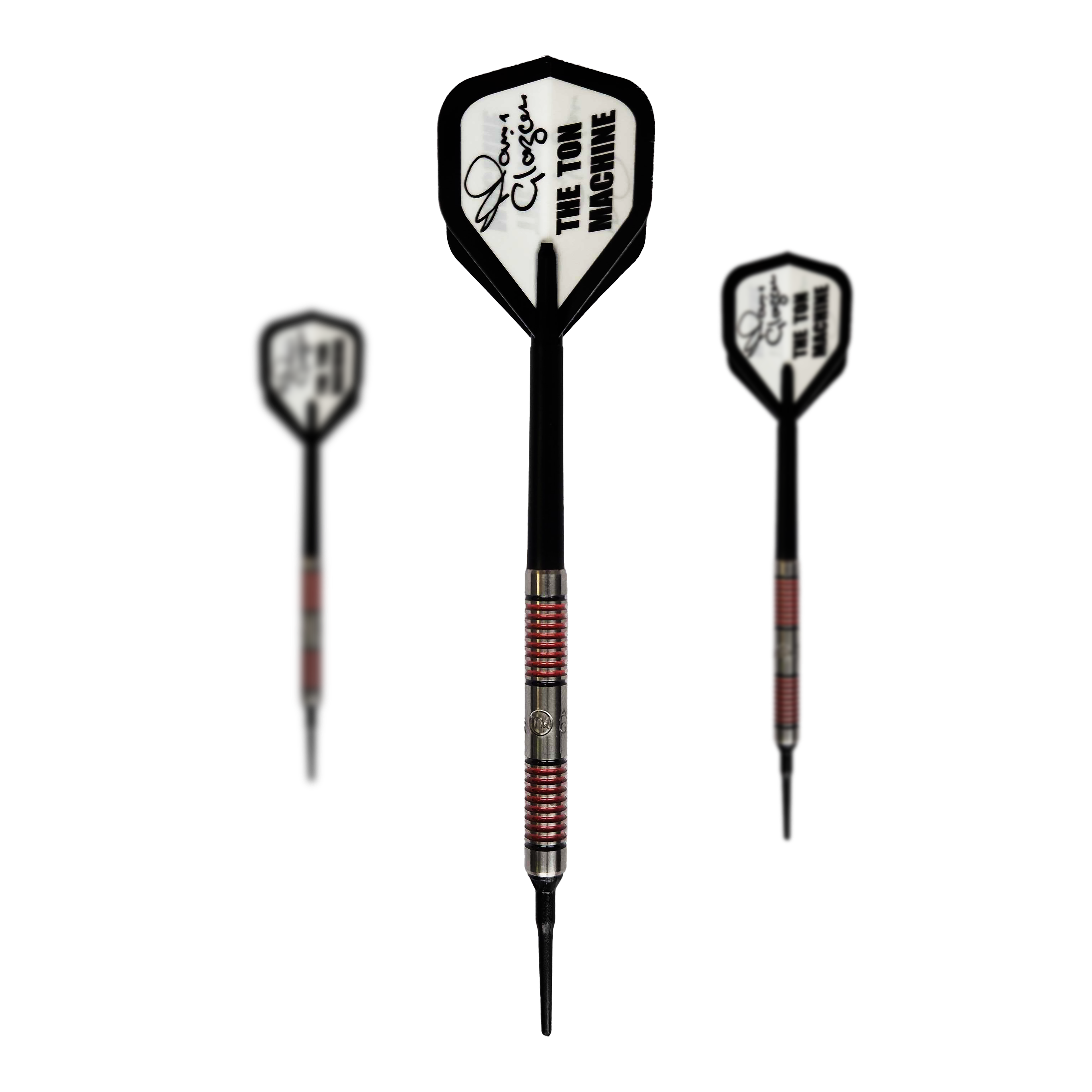 Das Bild zeigt drei Softdarts des Produkts "McKicks Alam Glazier Softdarts - 16g". Die Darts haben einen schwarz-roten Schaft und weiße Flights mit der Aufschrift "THE TON MACHINE".