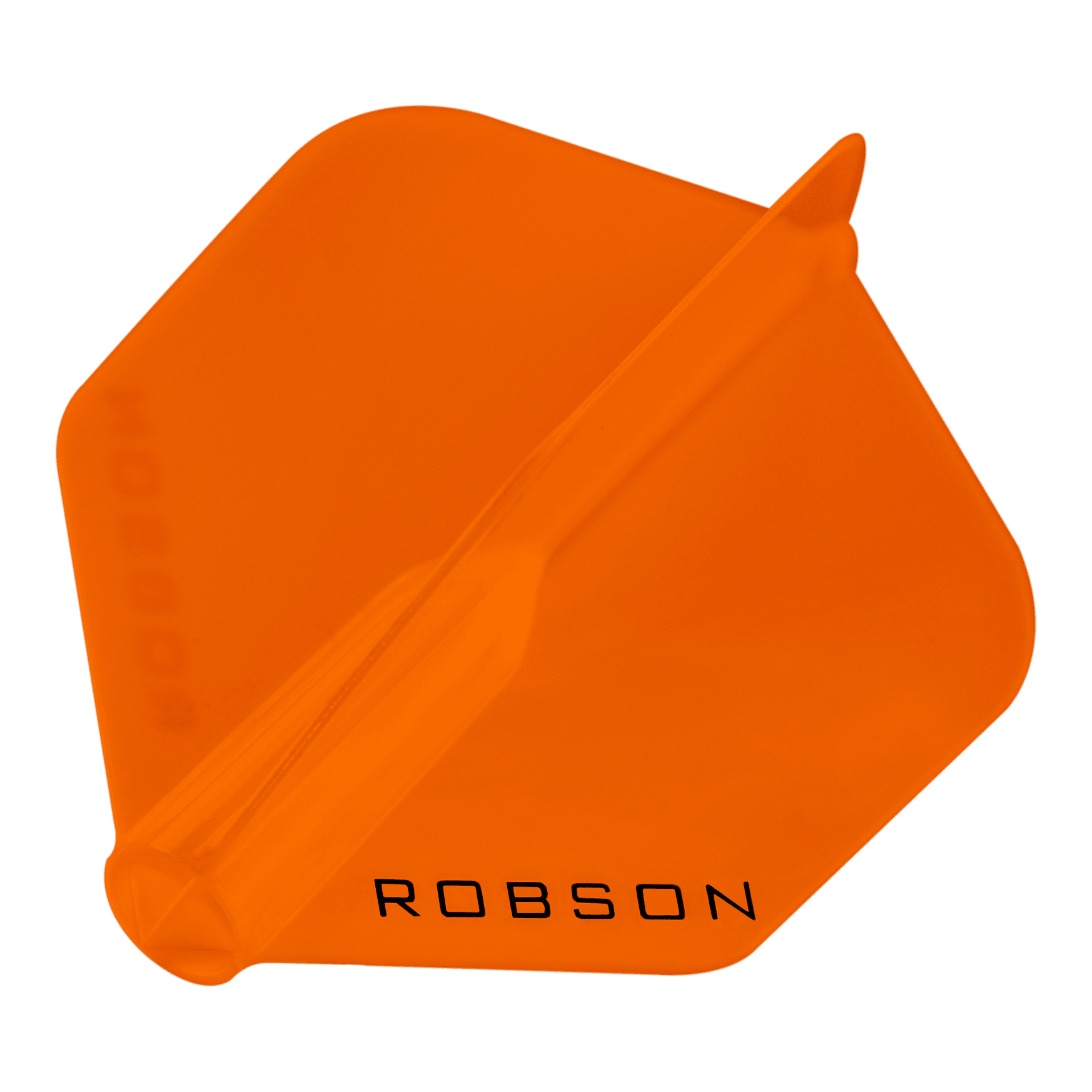 Loty Robson Plus — standardowe Das Bild zeigt ein orangefarbenes Dart-Flügel mit der Aufschrift "ROBSON". Er hat eine sechseckige Form und ist transparent.