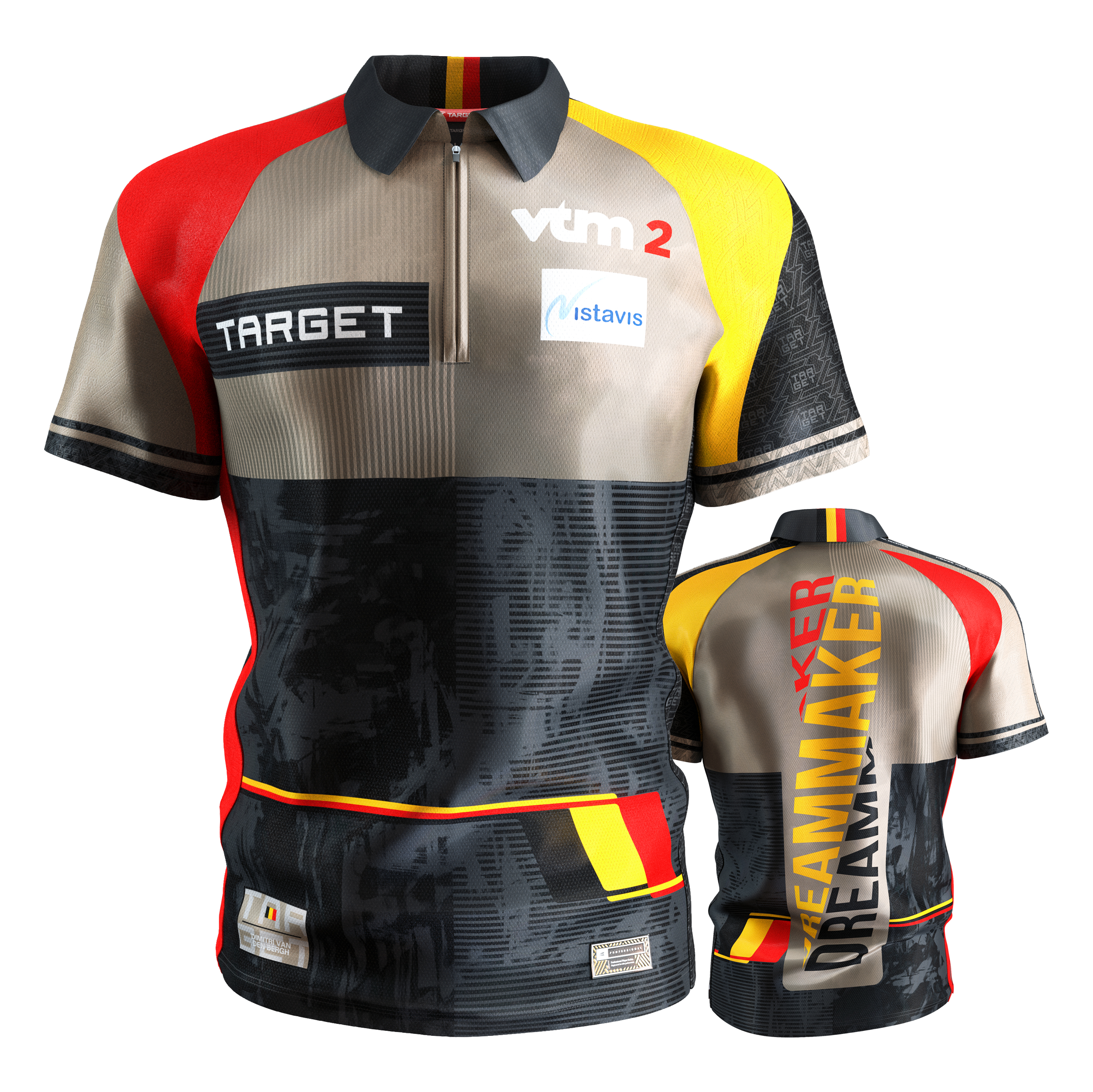 Das Bild zeigt das "Target Coolplay Dimitri Van Den Bergh 2025 Dartshirt" von vorne und hinten. Das Shirt ist bunt gestaltet mit den Farben Schwarz, Rot, Gelb und Beige und trägt verschiedene Logos sowie den Schriftzug "DREAMMAKER" auf der Rückseite.