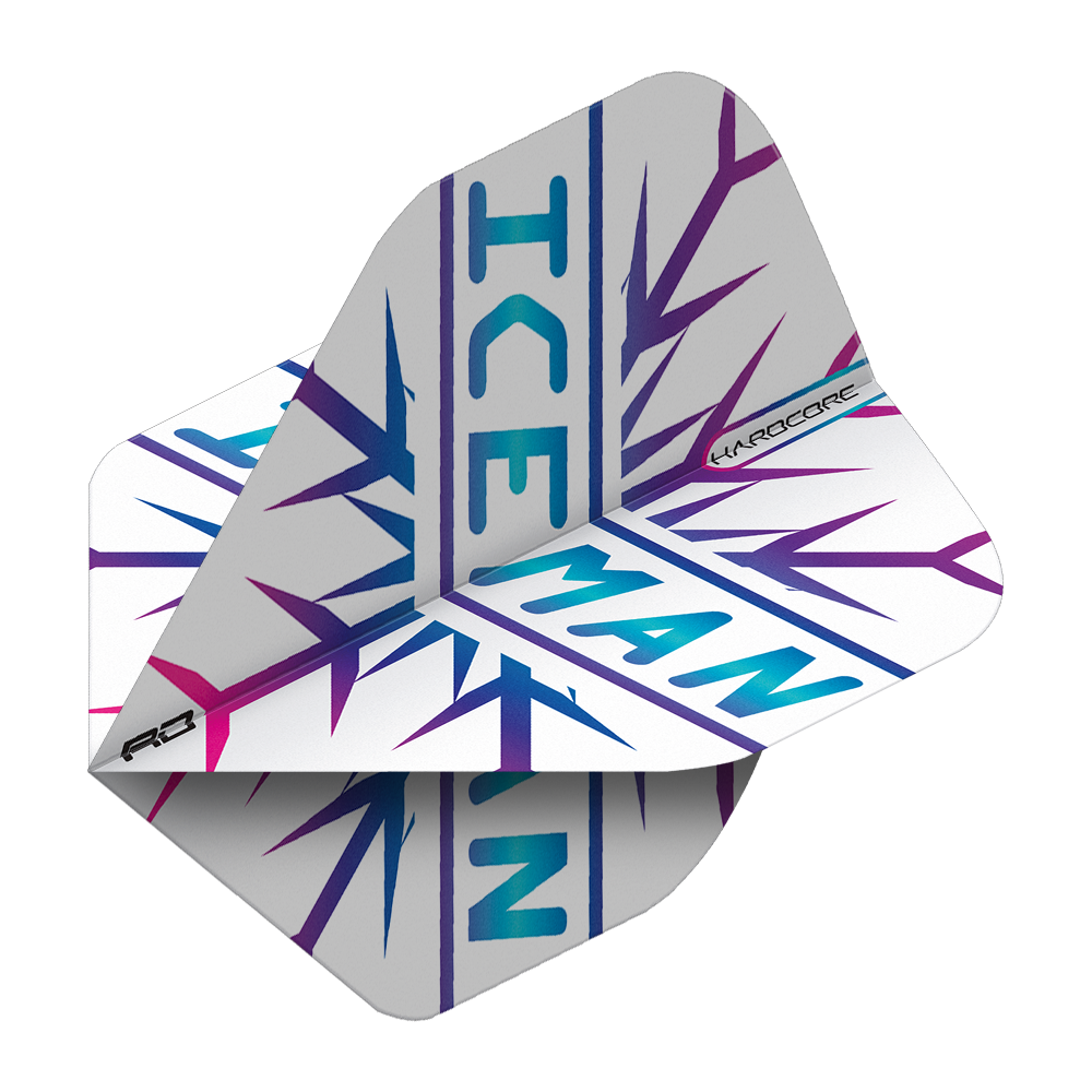 TF6827_Red_Dragon_Hardcore_Gerwyn_Price_Rainbow_Snowflake_Standard_Flights_23JBmUsXTkjE7i Das Bild zeigt ein Dartflights-Set mit dem Aufdruck "ICEMAN" in blauen und lila Farben. Die Flights haben ein schneeflockenähnliches Muster und den Schriftzug "HARDCORE" an der Seite.