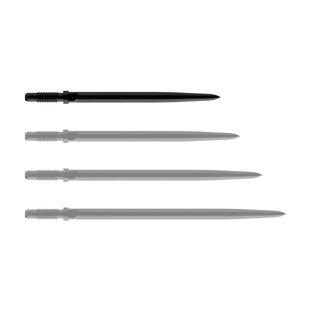 Końcówki do rzutek Bulls NL Convertible Point – gładkie – czarne Gezeigt sind BullsNL Convertible Points Smooth in Schwarz mit einer Länge von 32 mm. Die Produktspitzen sind einzeln zu sehen.