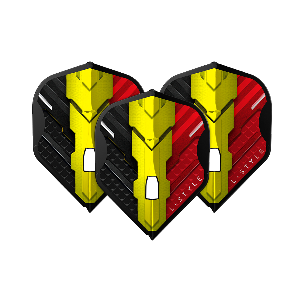 L-Style V-Series V1 Typ C Belgia Czarny L1PRO Loty Das Bild zeigt drei Dart Flights des Modells "L-Style V-Series V1 Type C Belgium Black L1PRO". Die Flights sind in den Farben Schwarz, Gelb und Rot gestaltet und tragen das Logo "L-STYLE".