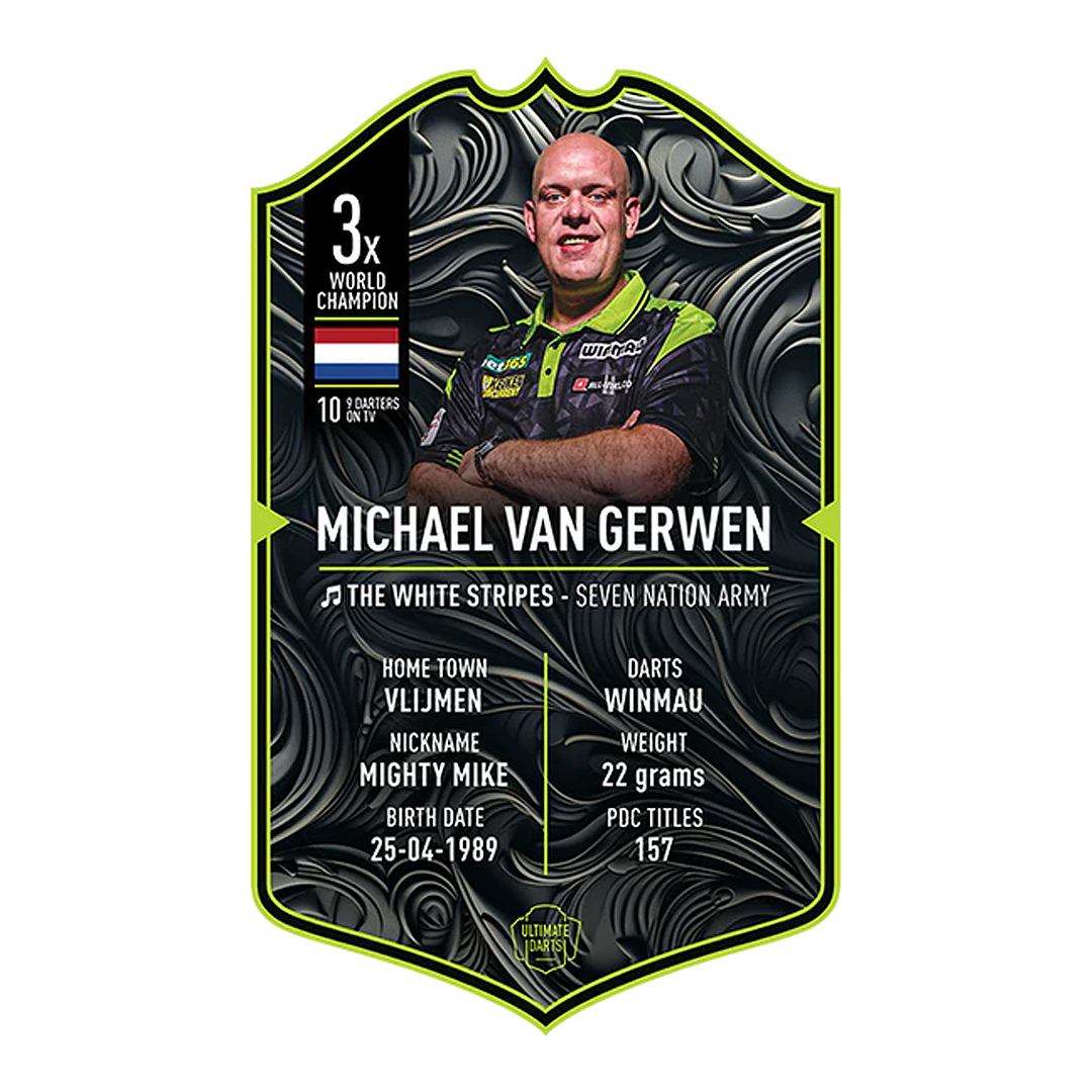 Karta Ultimate Darts - Michael Van Gerwen 2025 Dies ist eine Sammelkarte von "Ultimate Darts" für Michael Van Gerwen aus dem Jahr 2025. Sie zeigt sein Foto und enthält Informationen wie seinen Spitznamen, Geburtsdatum, Heimatstadt und Statistiken.