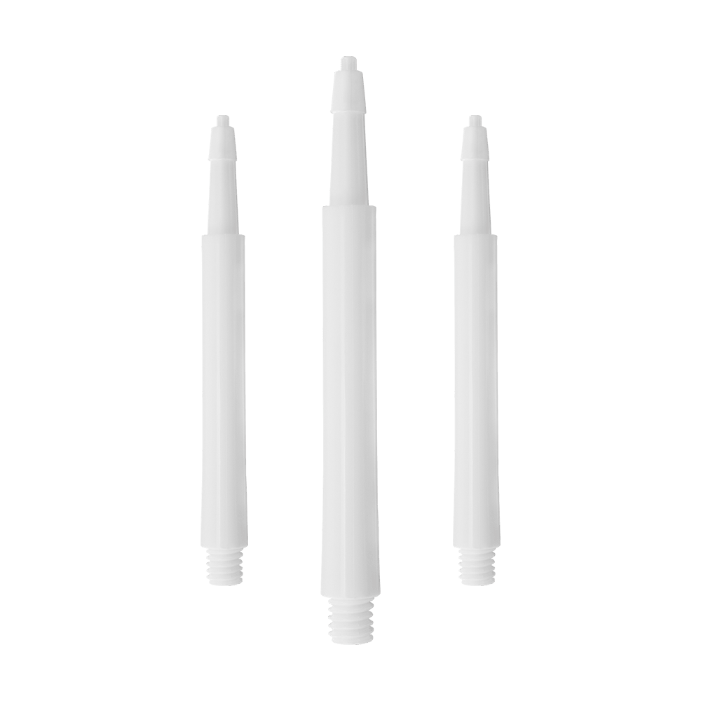 HRC12633W_Harrows_Clic_Standard_Shafts_Weiss_23mm_1 Das Bild zeigt drei weiße Harrows Clic Standard Shafts. Sie sind gerade angeordnet und haben ein einfaches, sauberes Design.
