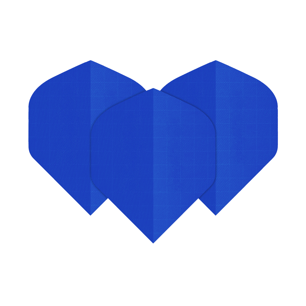 Lotki z tkaniny nylonowej – Standard – NIEBIESKIE Das Bild zeigt drei blaue Dart-Flights aus Nylon-Stoff. Sie haben eine klassische, leicht abgerundete Form.