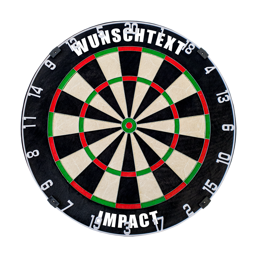 MCDB_Dartboard_mit_Wunschtext_HD_1_Impact Auf dem Bild ist eine Dartscheibe zu sehen. Oben steht der Text "WUNSCHTEXT" und unten "IMPACT".