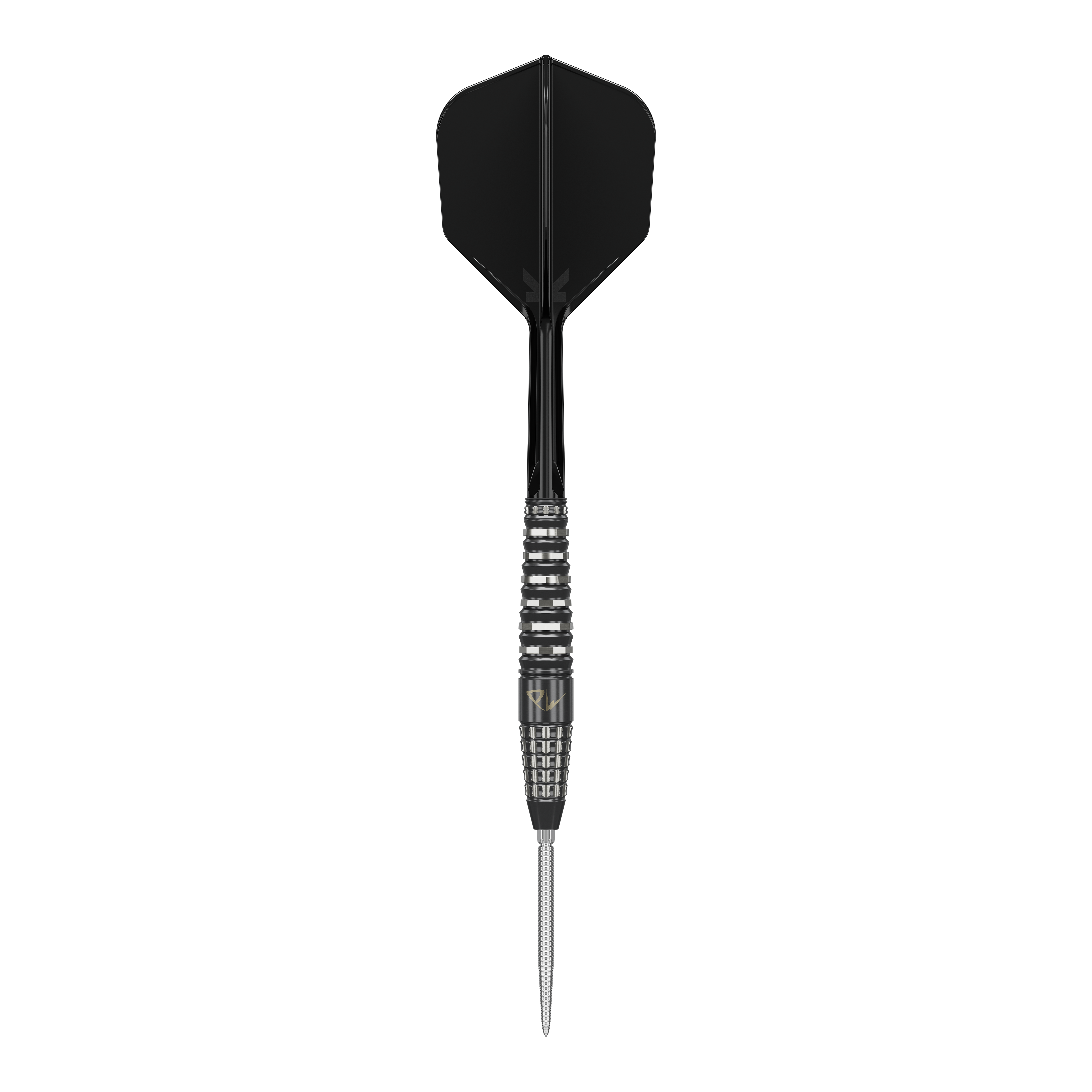 Das Bild zeigt einen Target Japan Black Marque PW Swiss Point Steeldart. Der Dart hat ein elegantes, schwarzes Design mit einer scharfen Spitze und geriffeltem Griff.