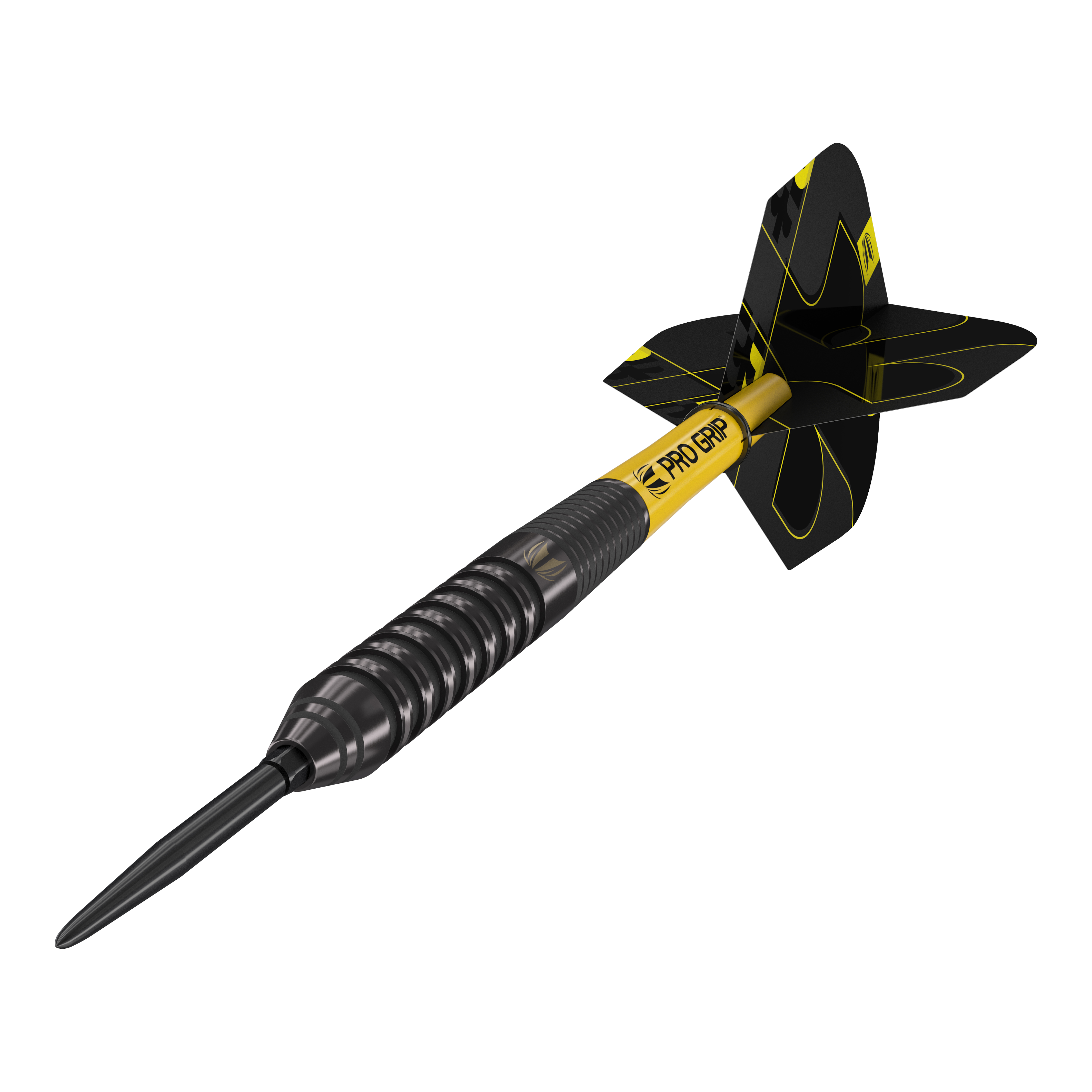 Stalowe lotki Target Bolide Void 02 Swiss Point Das Bild zeigt einen Target Bolide Void 02 Swiss Point Steeldart. Der Dart ist schwarz mit gelben Akzenten und hat ein modernes, gerilltes Design.