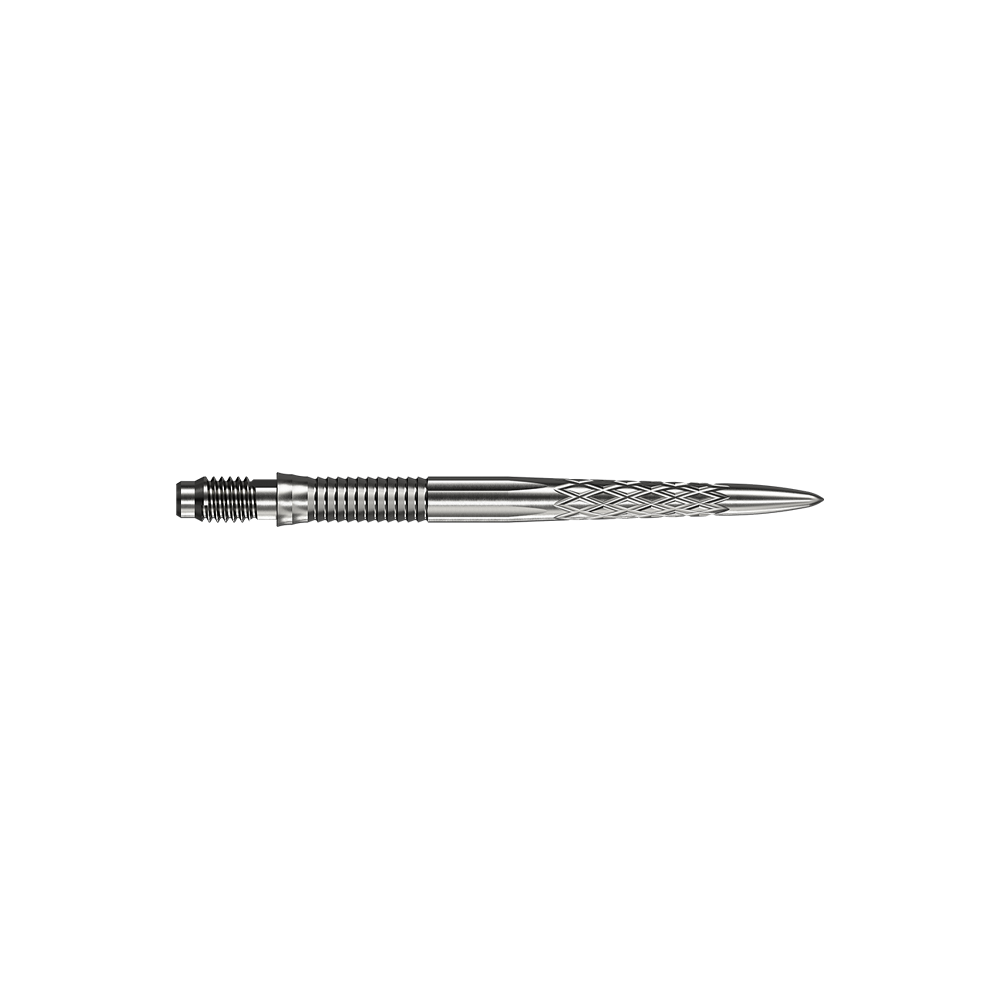 Końcówki do lotek Mission R2.5 Rapid Point DSX – srebrne Abgebildet sind silberne Dartspitzen Mission R25 Rapid Point DSX mit einer Länge von 30mm. Die Spitzen werden aus zwei verschiedenen Blickwinkeln präsentiert.