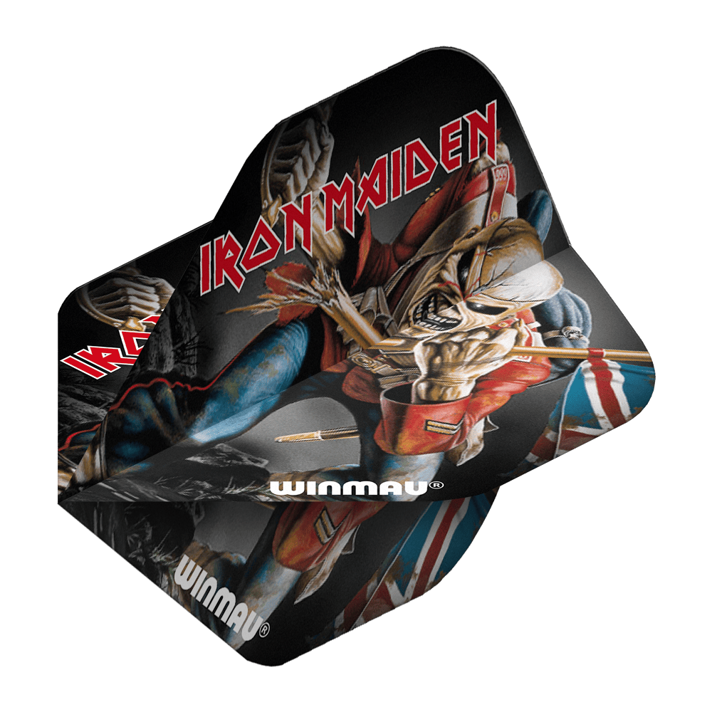 6905-224_Winmau_Rockstar_Legends_Iron_Maiden_Eddie_Standard_Flights_2 Das Bild zeigt ein Dartflight mit einem Motiv von Iron Maiden und ihrem Maskottchen Eddie. Auf dem Flight steht in roten Buchstaben "IRON MAIDEN" und unten ist das Winmau-Logo zu sehen.